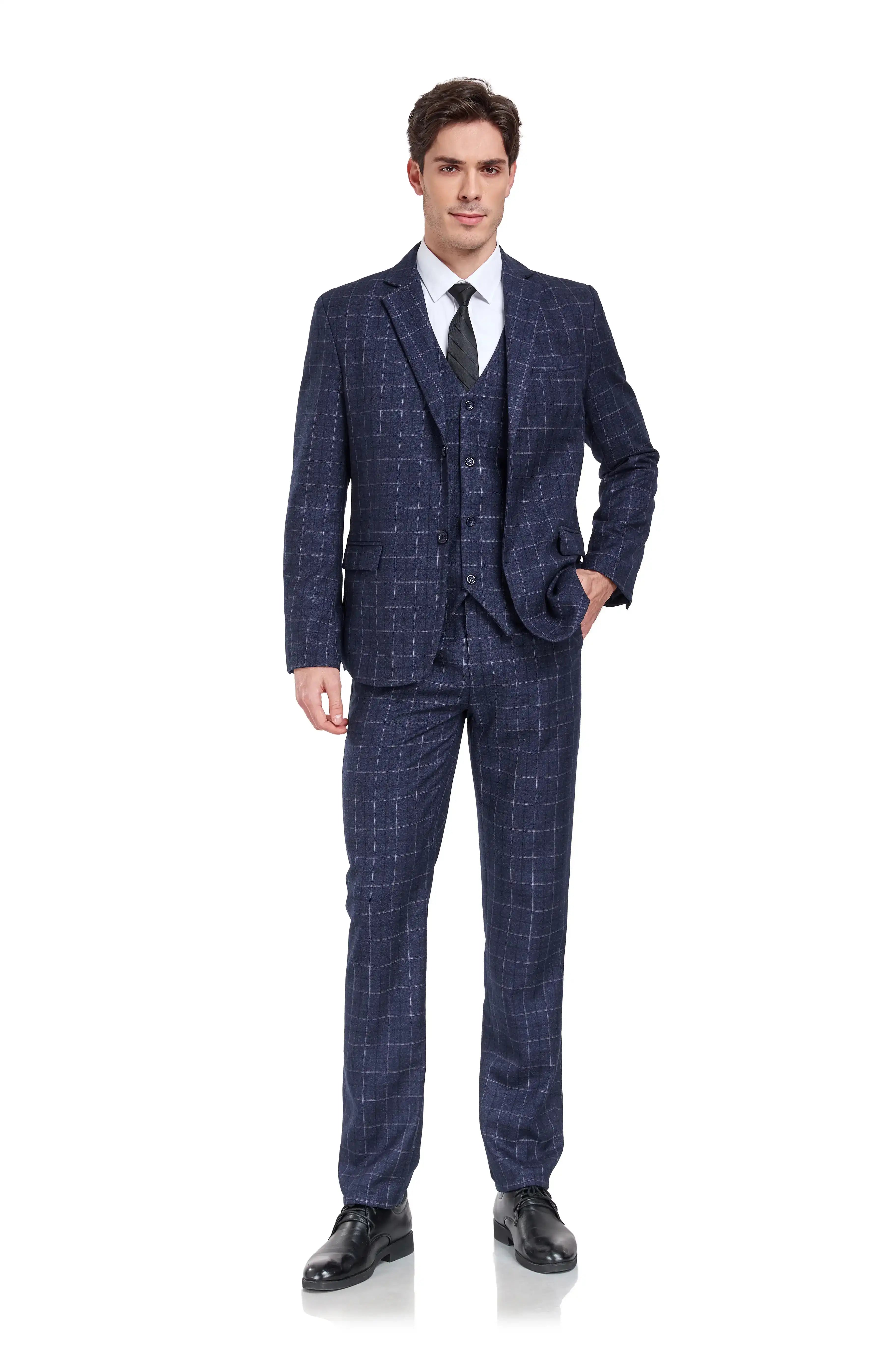 Navy plaid men's 3 piece suit with vest and checkered pattern – front view