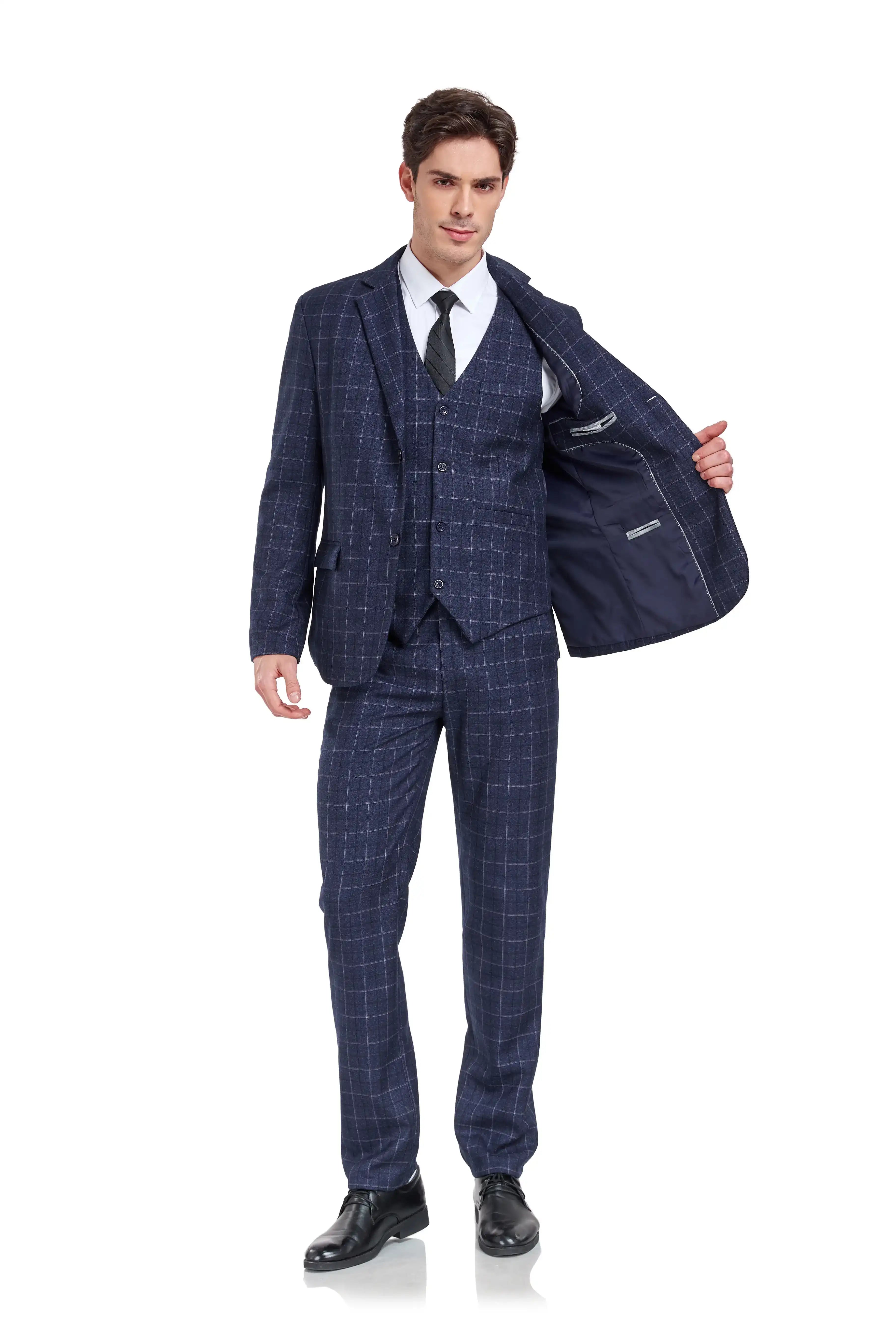 Men's plaid navy 3 piece suit showing interior jacket lining – business formal look
