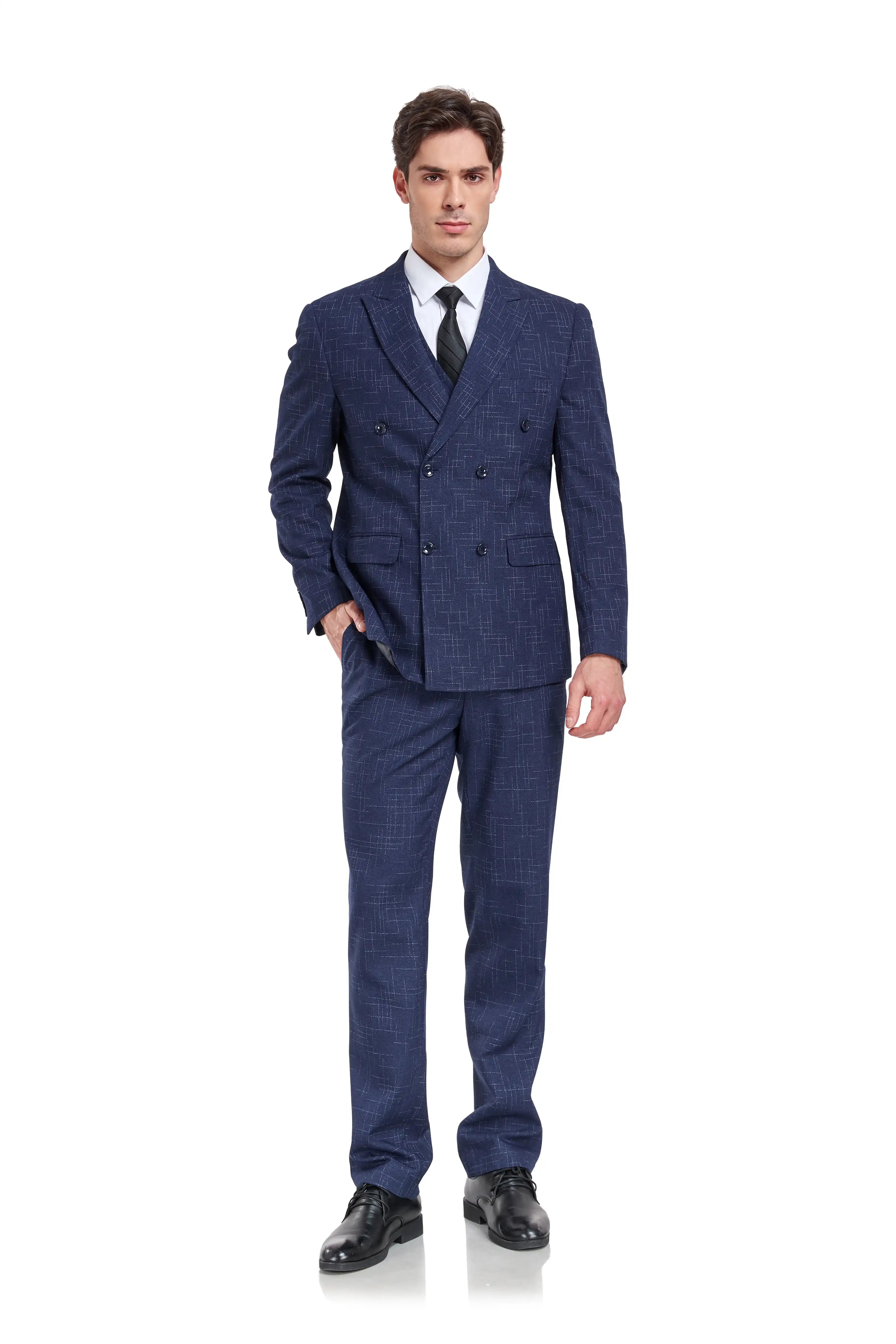 Men's navy grid check suit with vest – side profile slim fit