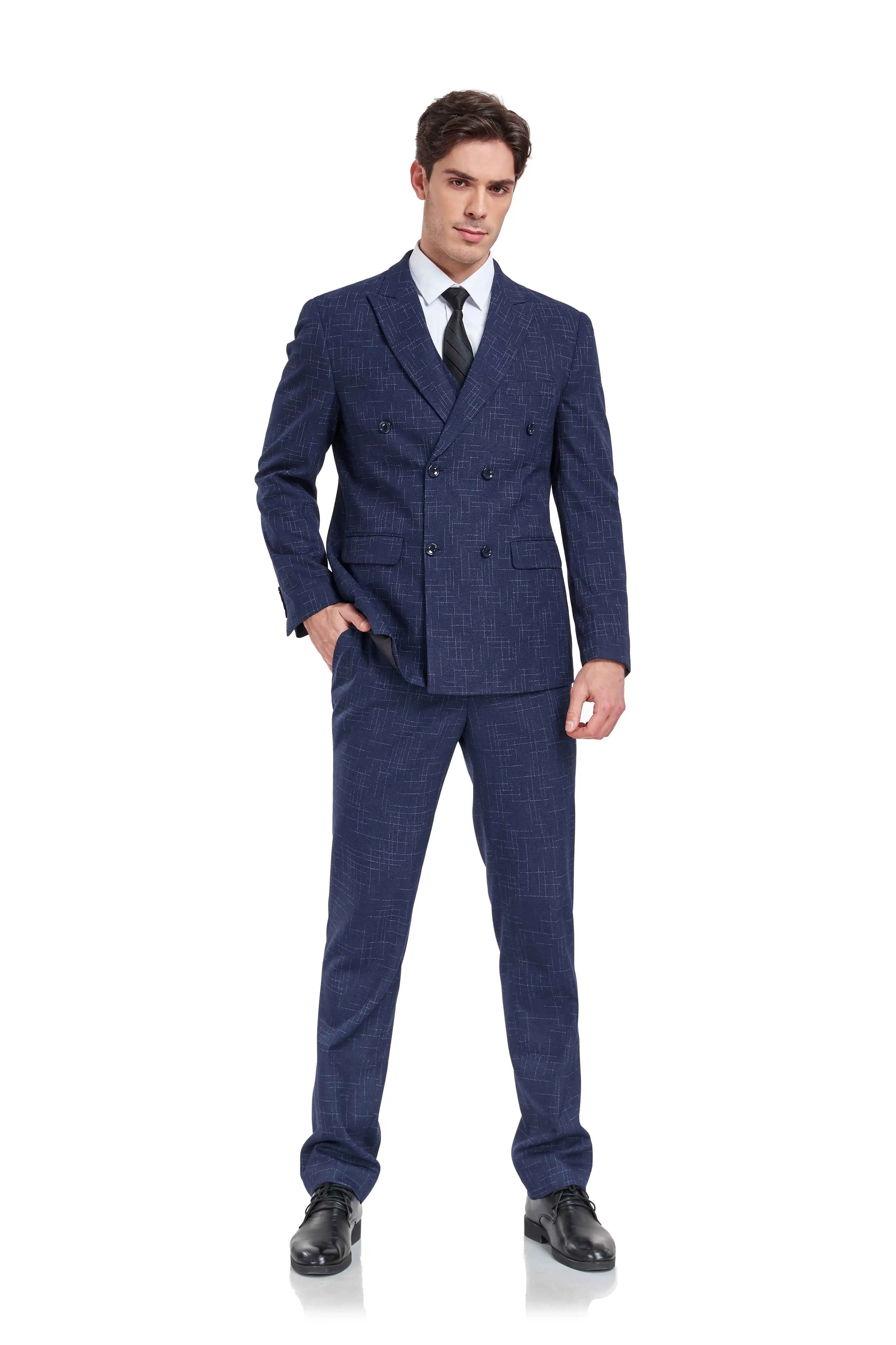 Navy plaid 3 piece suit for men – grid check pattern front view