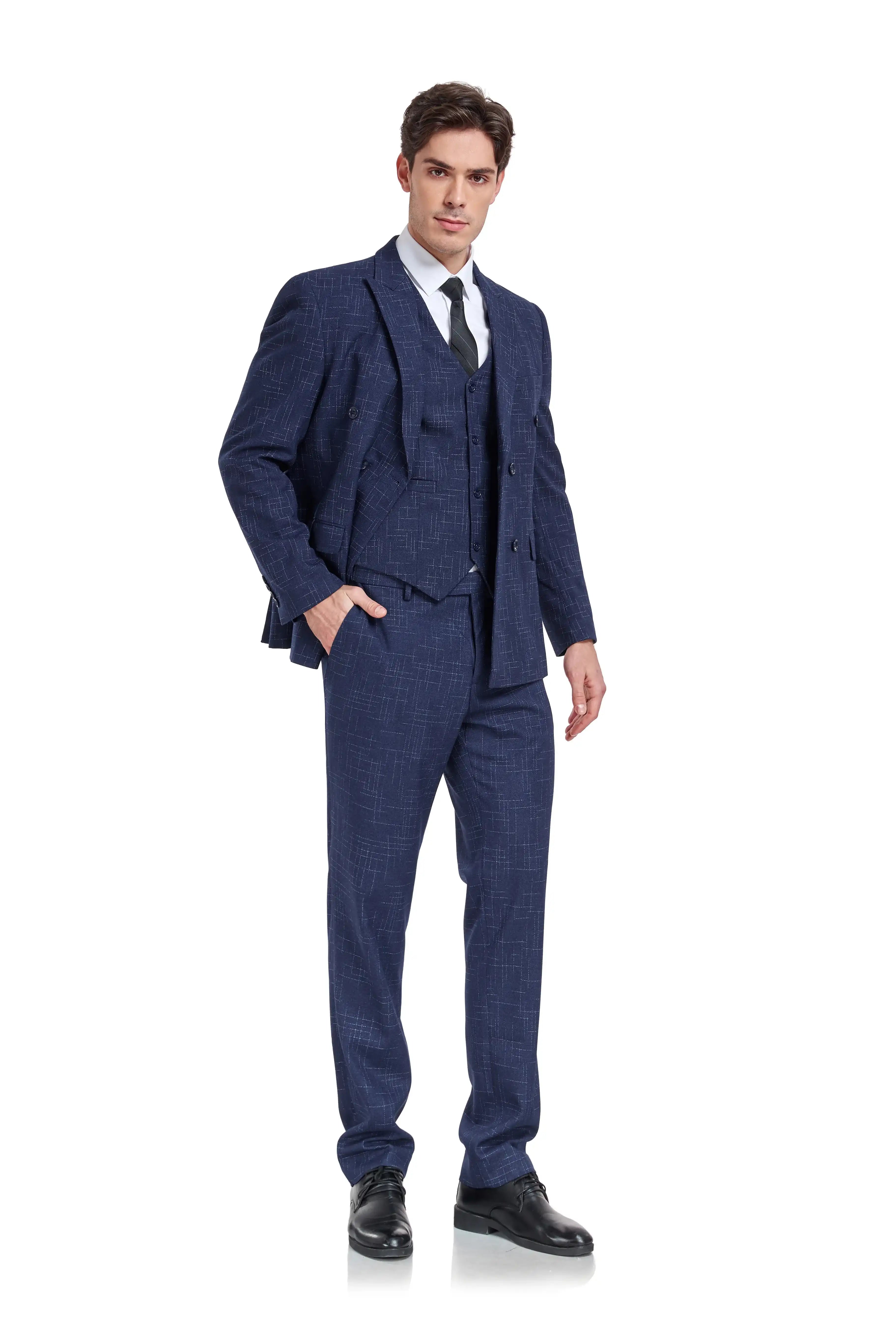 Classic navy blue plaid men's suit – 3 piece with subtle pattern