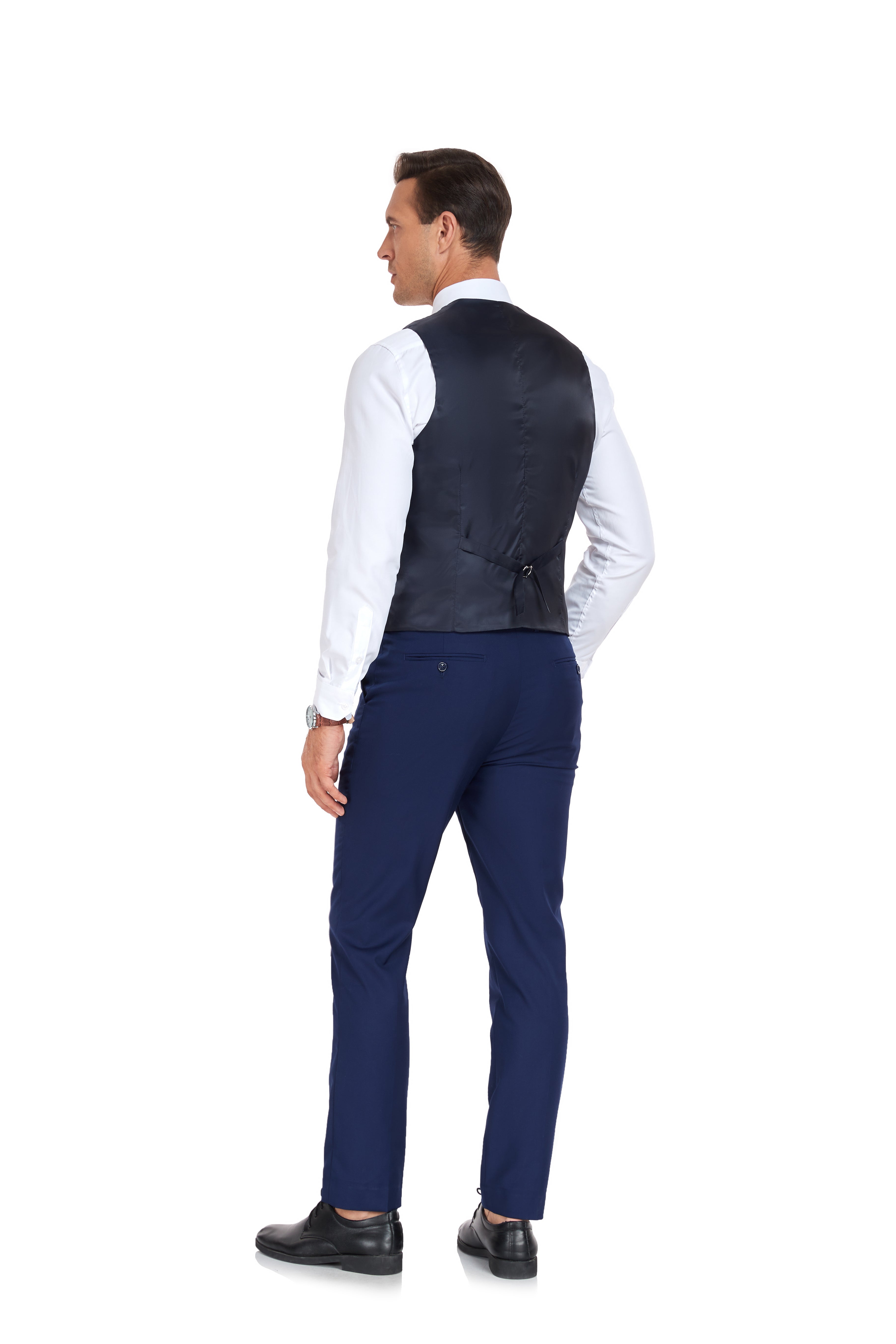 Rear view of Navy men’s two-piece V-neck vest and pants set – adjustable back strap detail shown