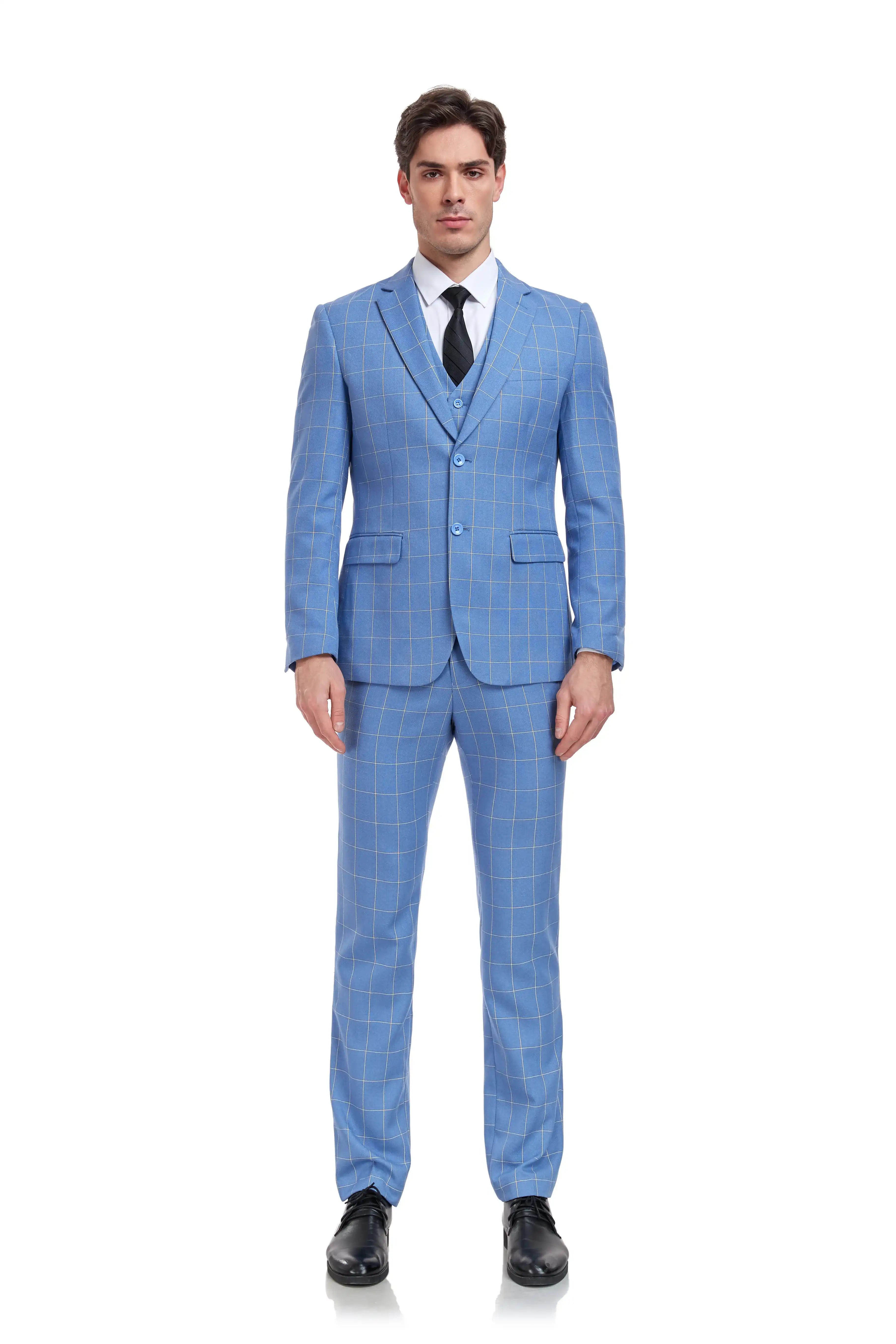 Men's light blue checkered suit – straight-on view with vest