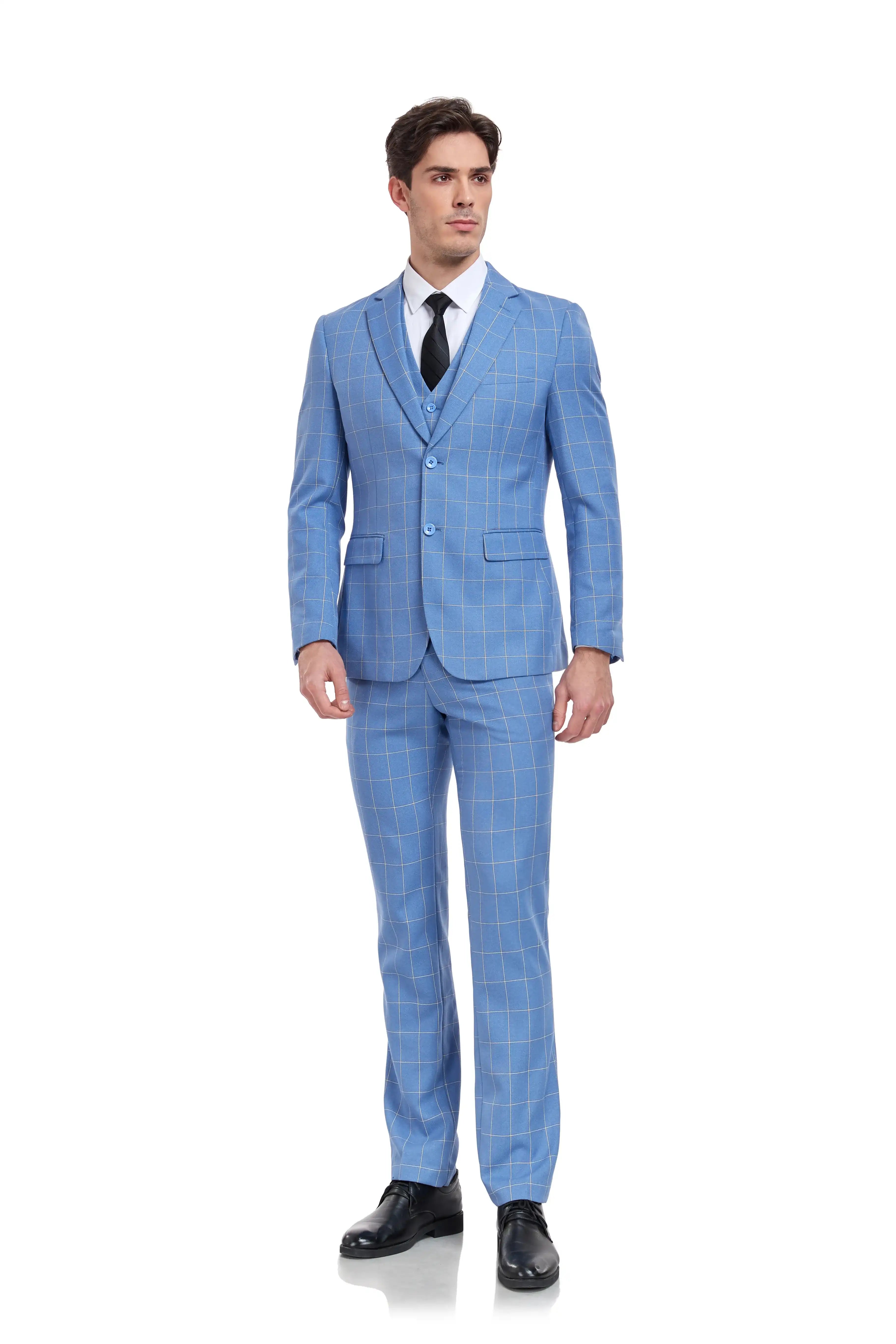 Modern light blue plaid 3 piece suit – formal menswear side profile