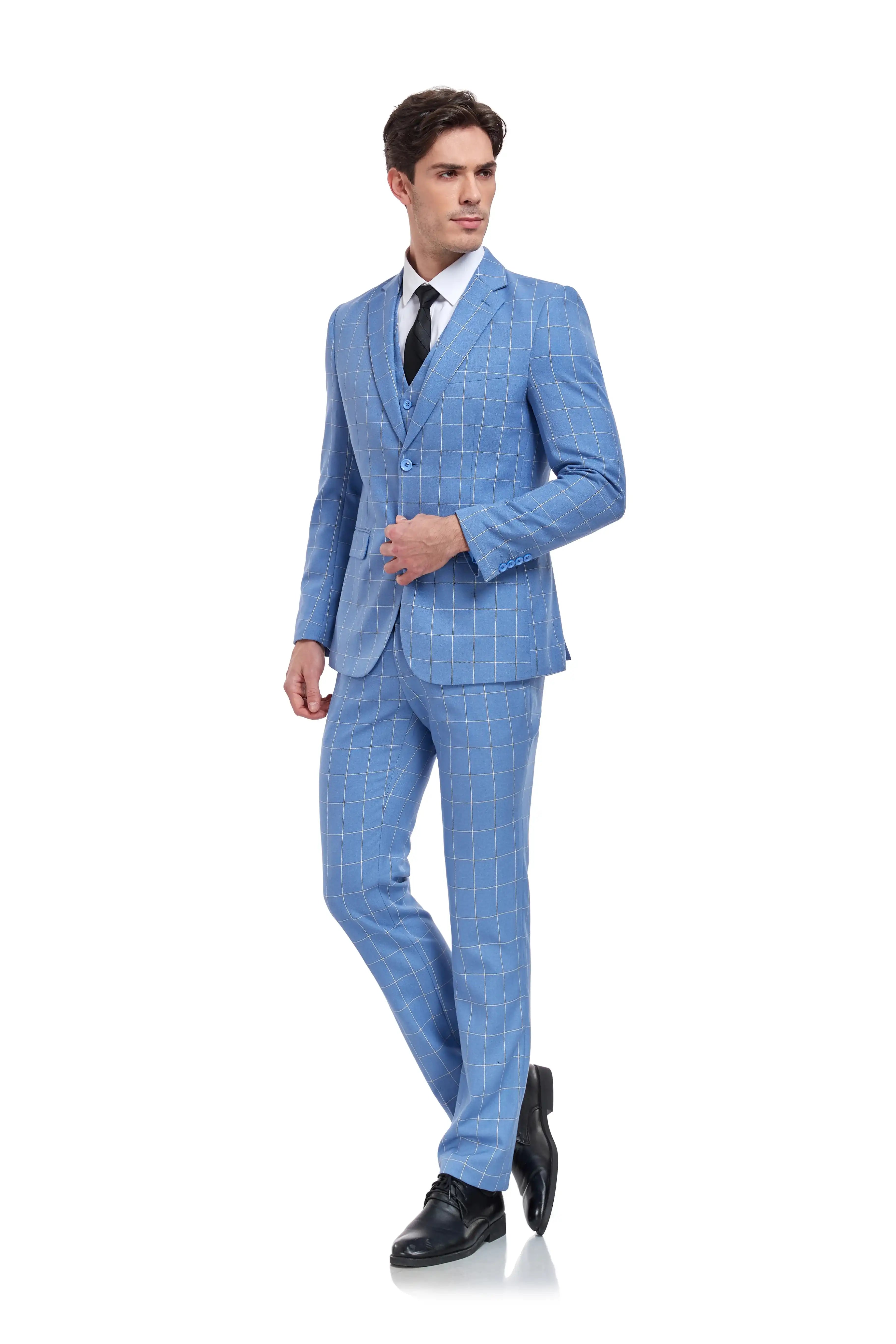 Slim fit light blue grid check suit for men – angled pose