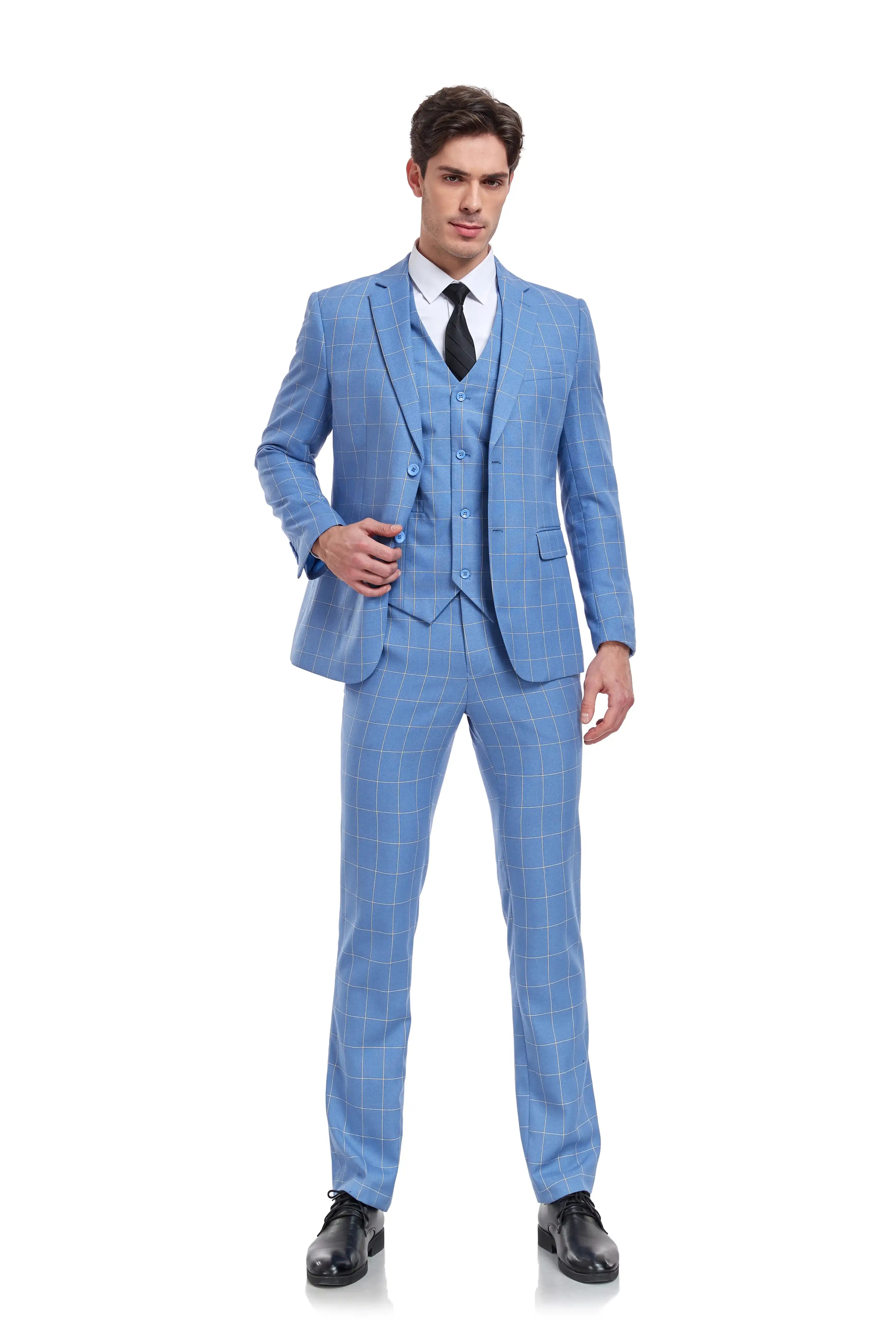 Light blue plaid men's 3 piece slim fit suit – front view with check pattern