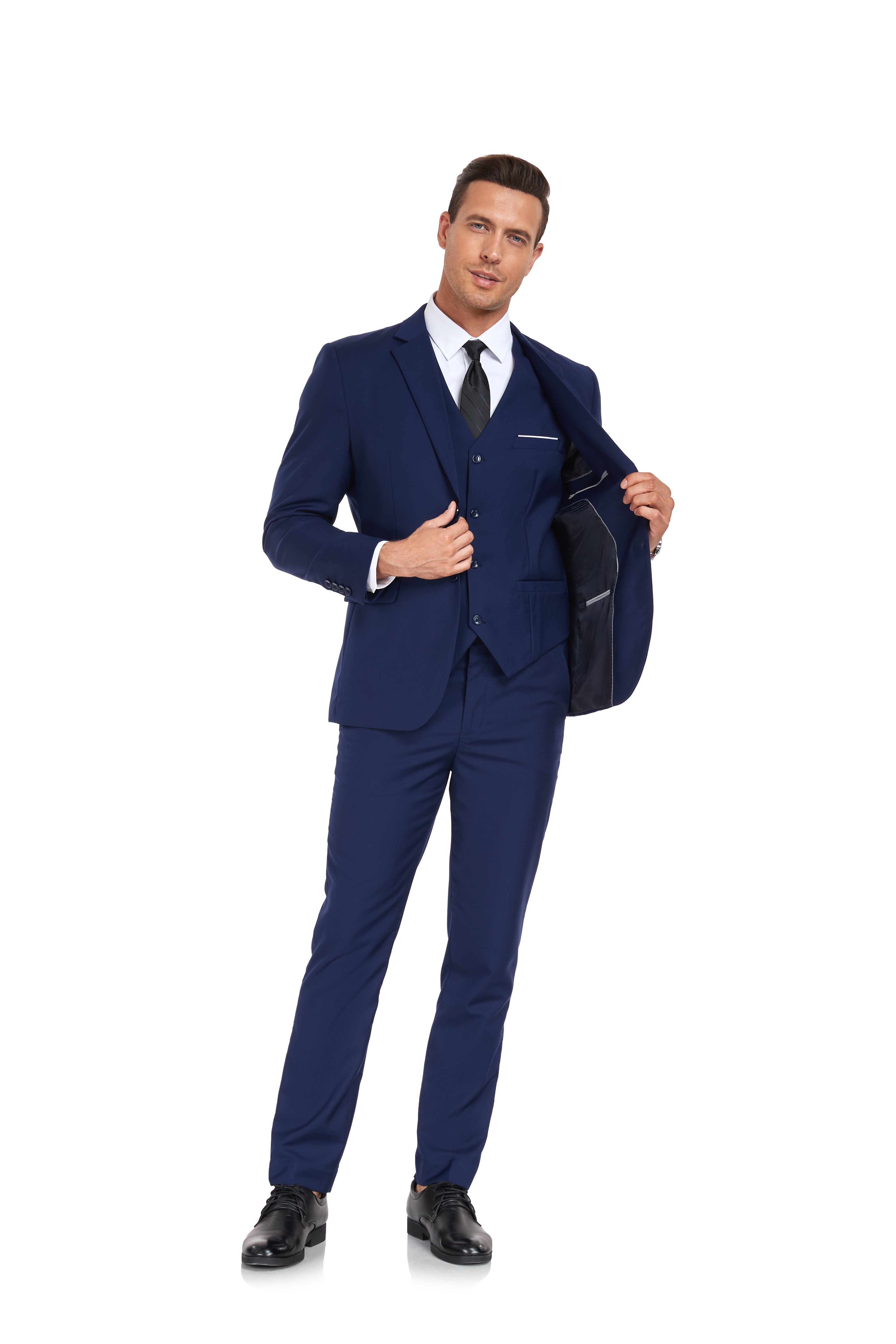 Navy 3 piece men’s suit with formal blazer, waistcoat, and trousers