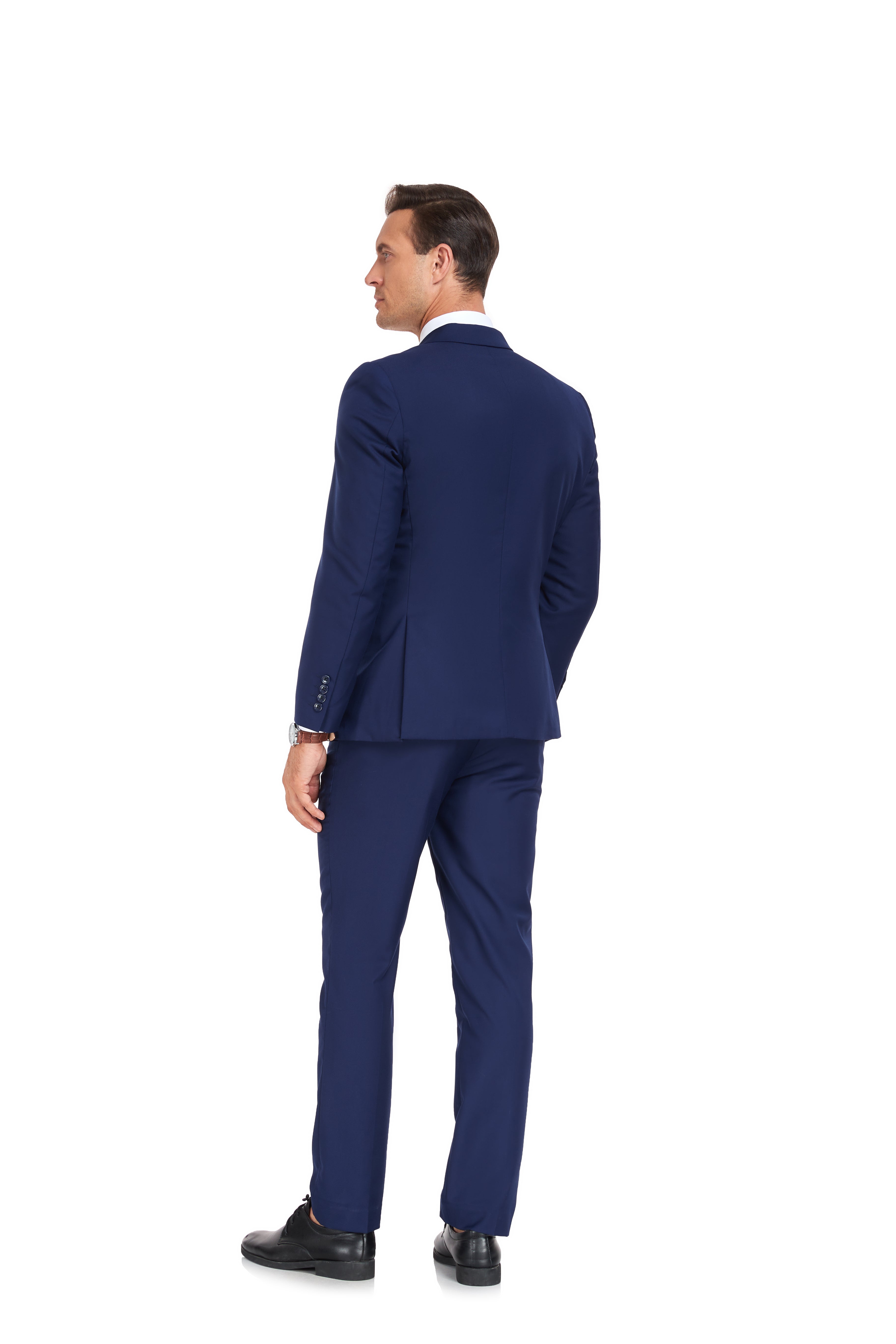 Rear view of navy 3 piece suit for men with tailored banquet cut