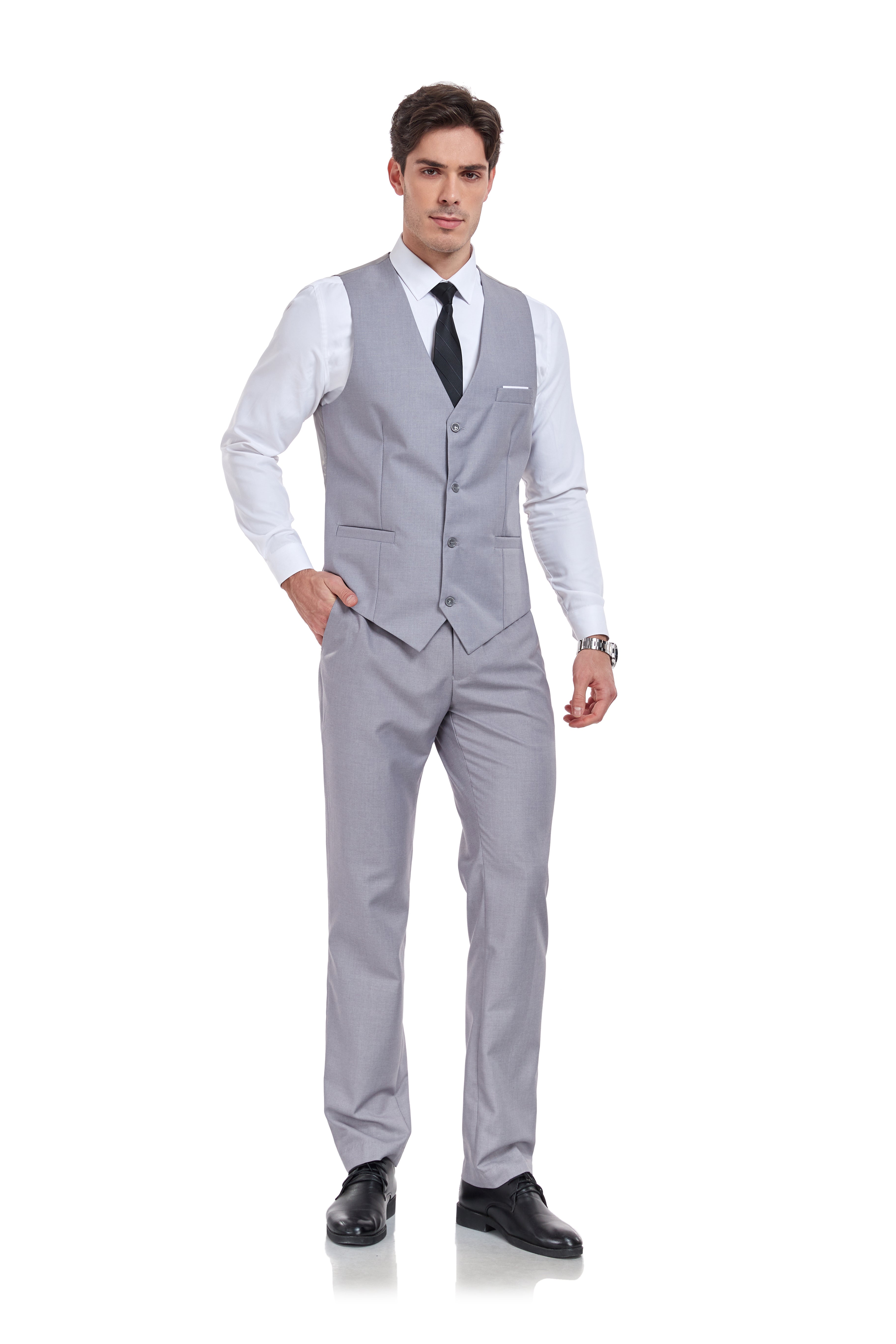 Sleeveless V-neck suit vest in Light Grey paired with dress pants – men’s minimalist formalwear