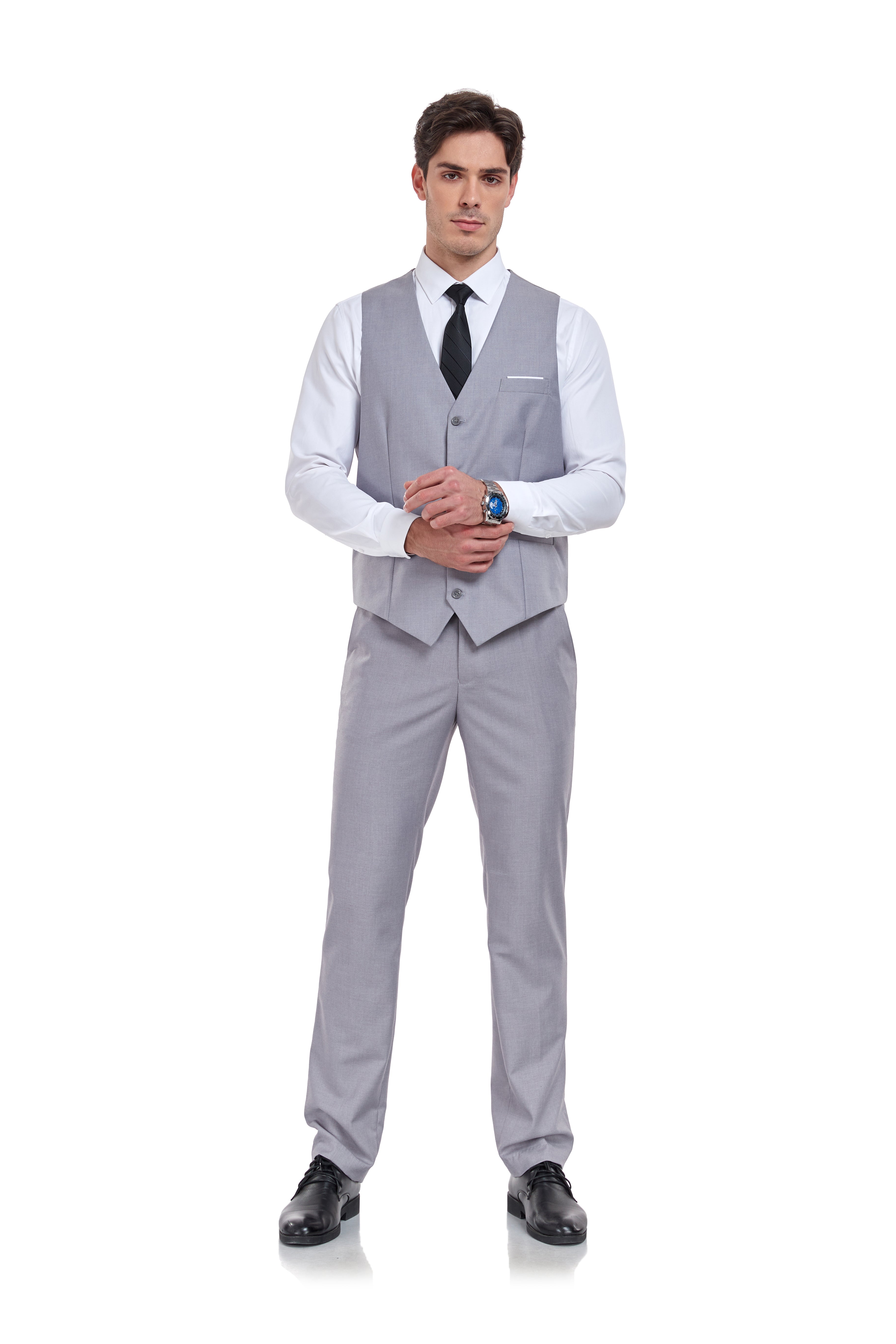 Stylish Light Grey 2-piece suit with flat-front trousers and sharp V-cut vest – groom or business look