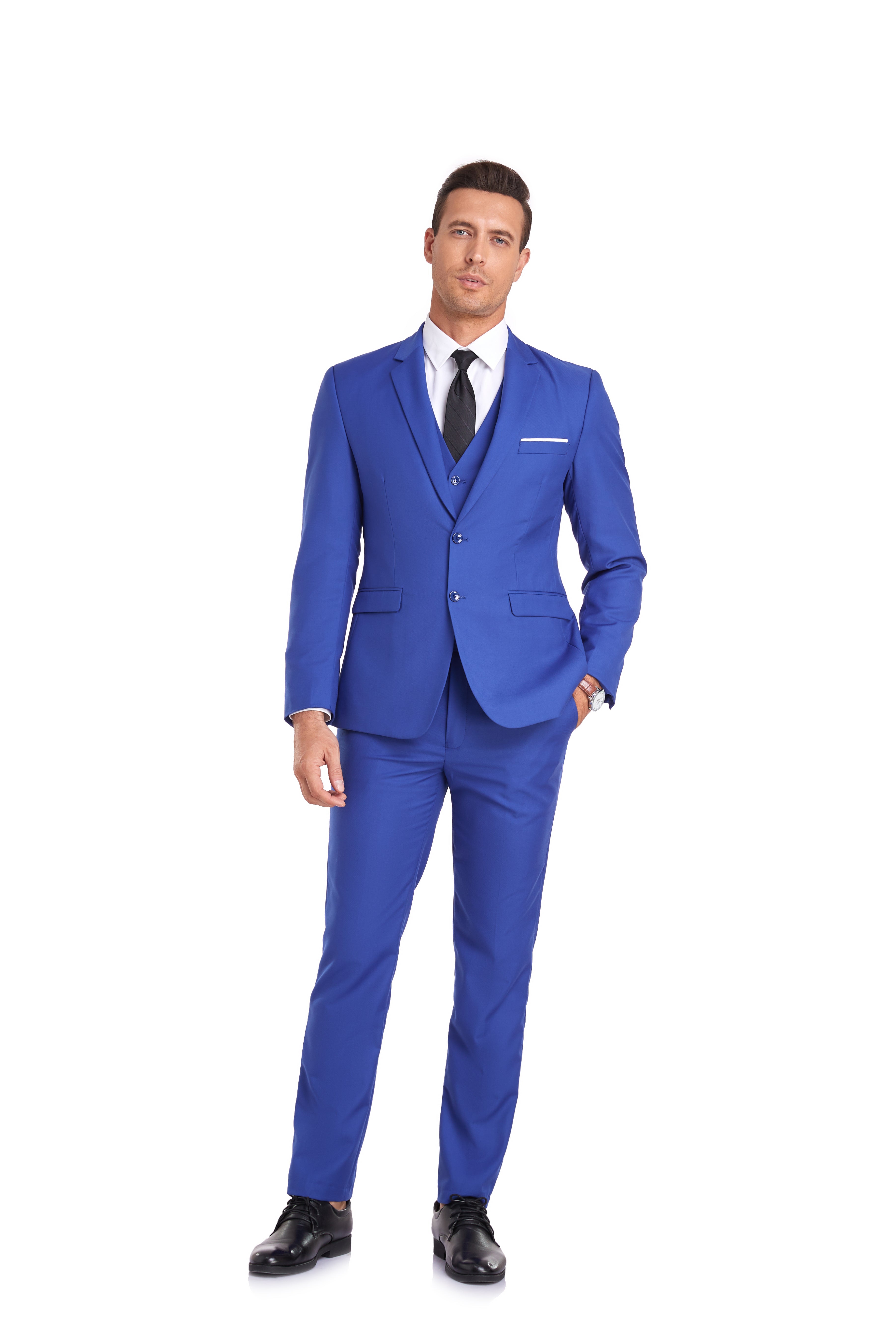 Business banquet-ready men's suit in royal blue with classic formal styling