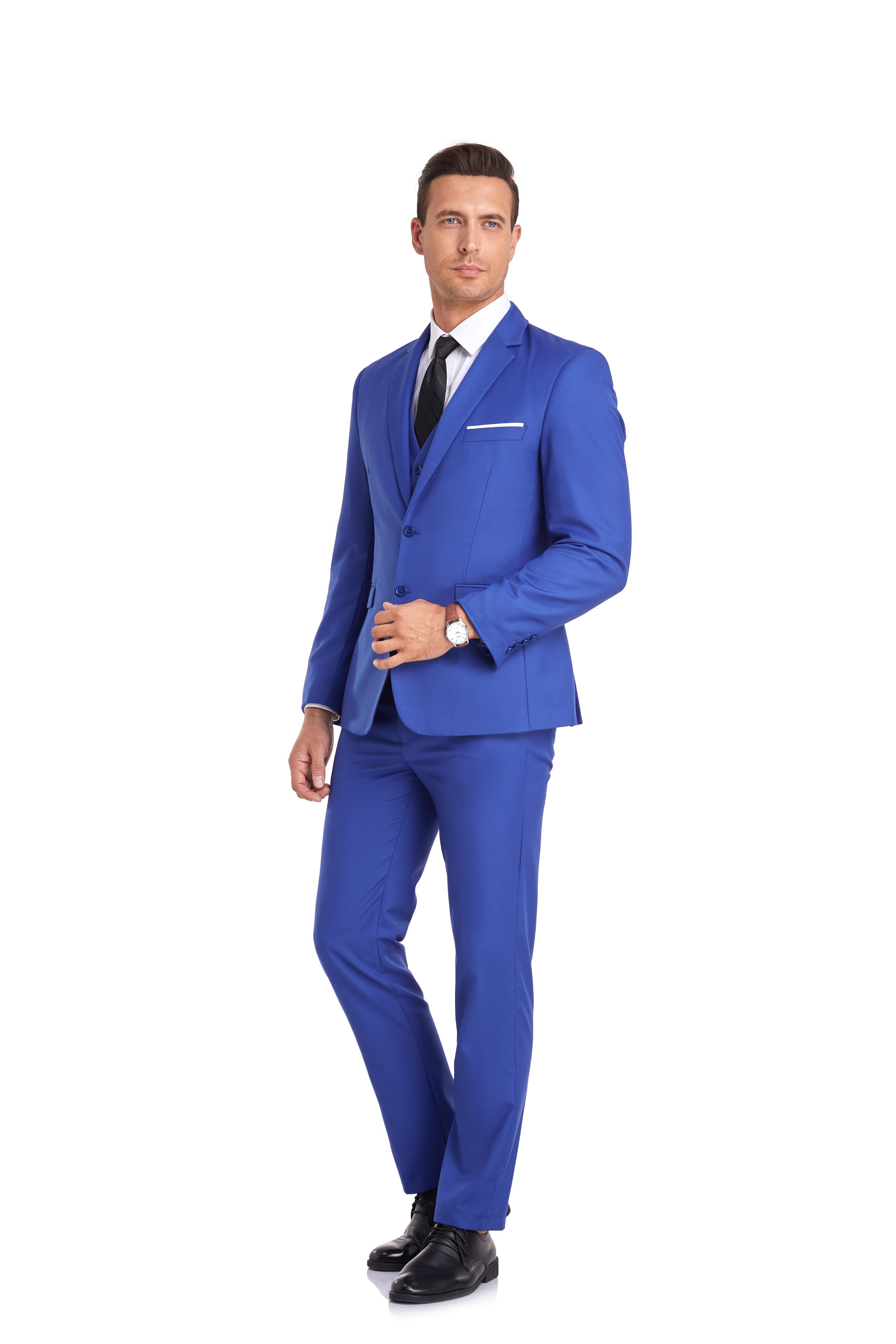 Royal blue party suit for men with notch lapel jacket, vest, and black tie