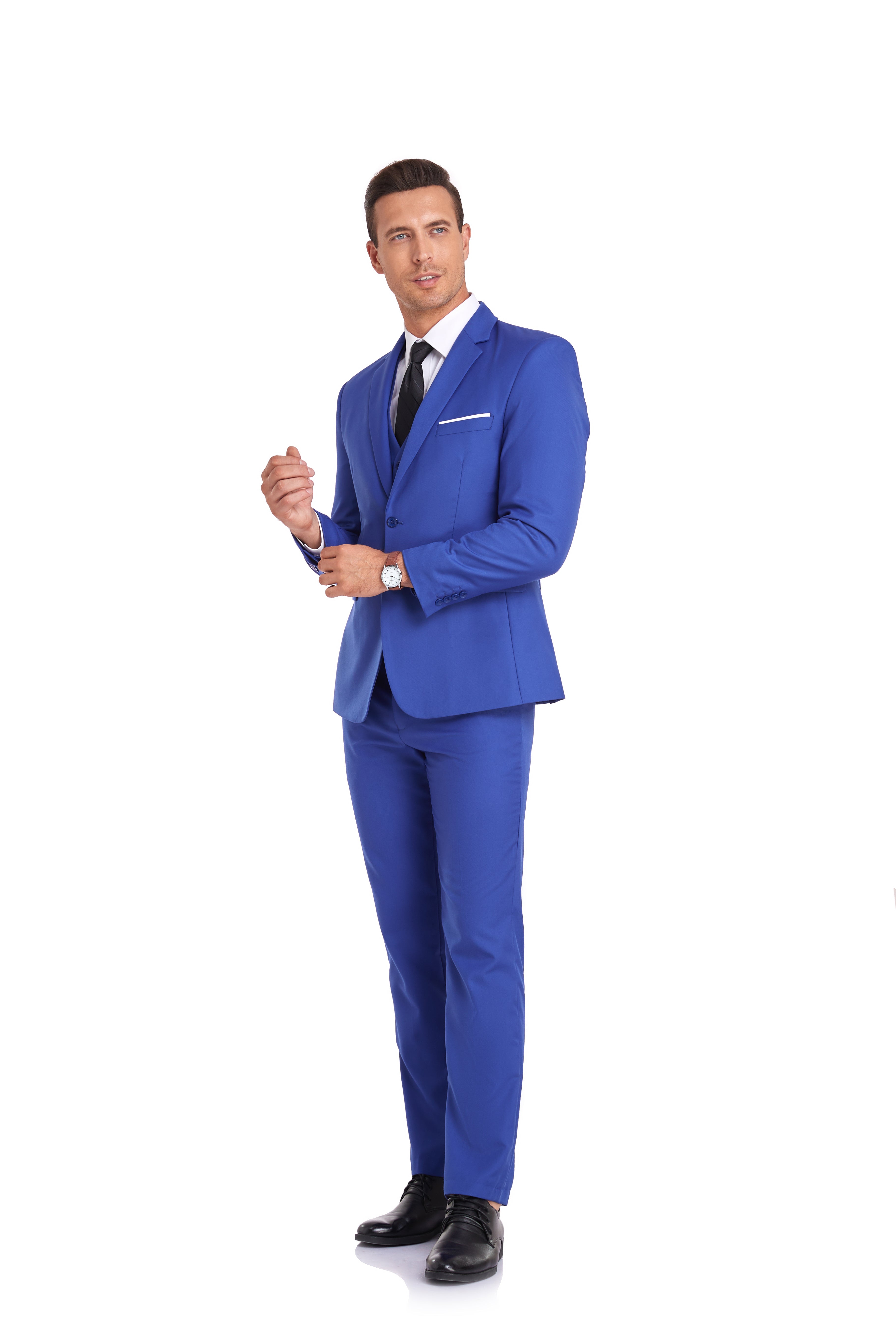 Slim fit royal blue three-piece men’s suit for weddings or formal events