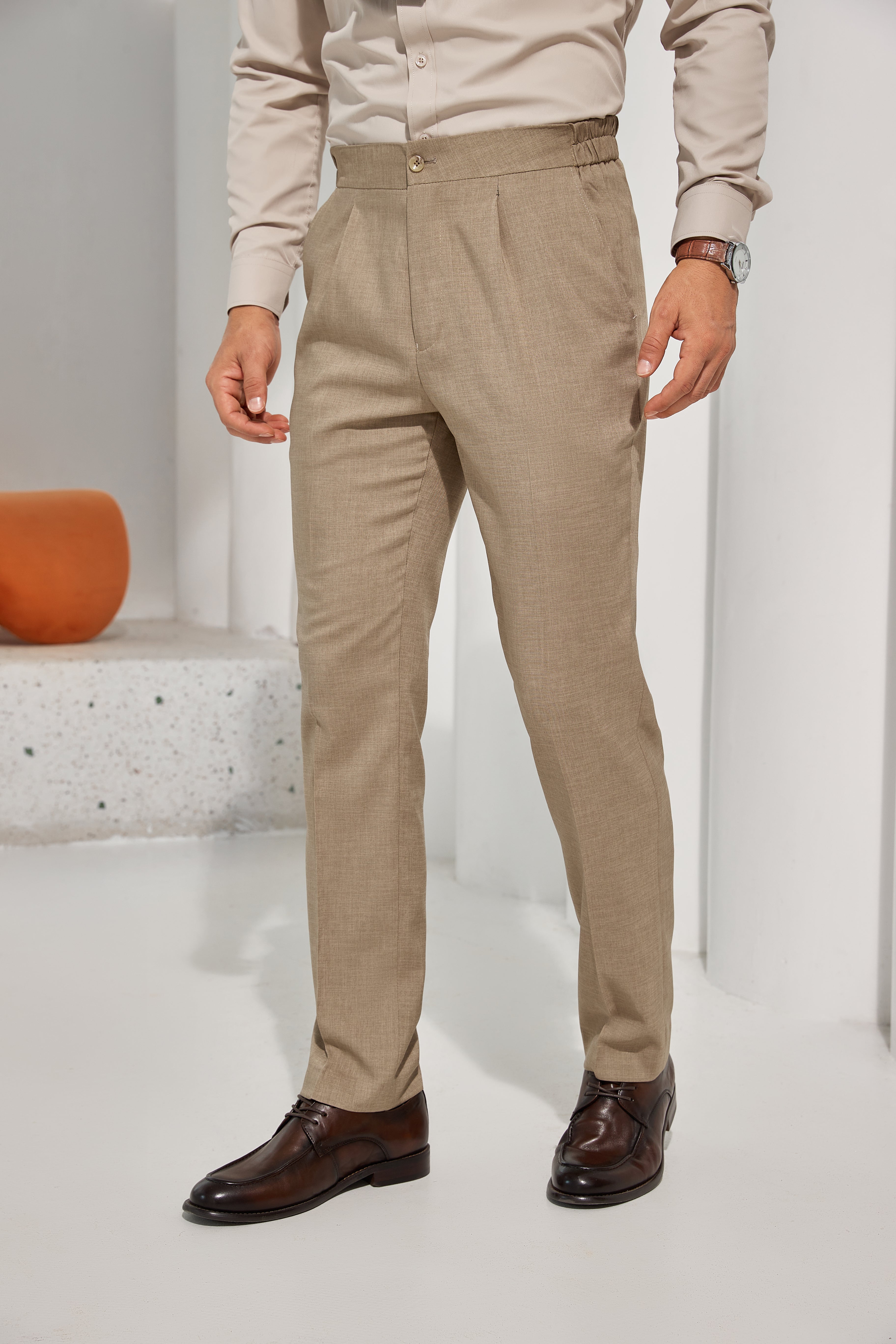 Khaki men's formal pants with stretch waistband – pleated front trousers in terylene rayon blend