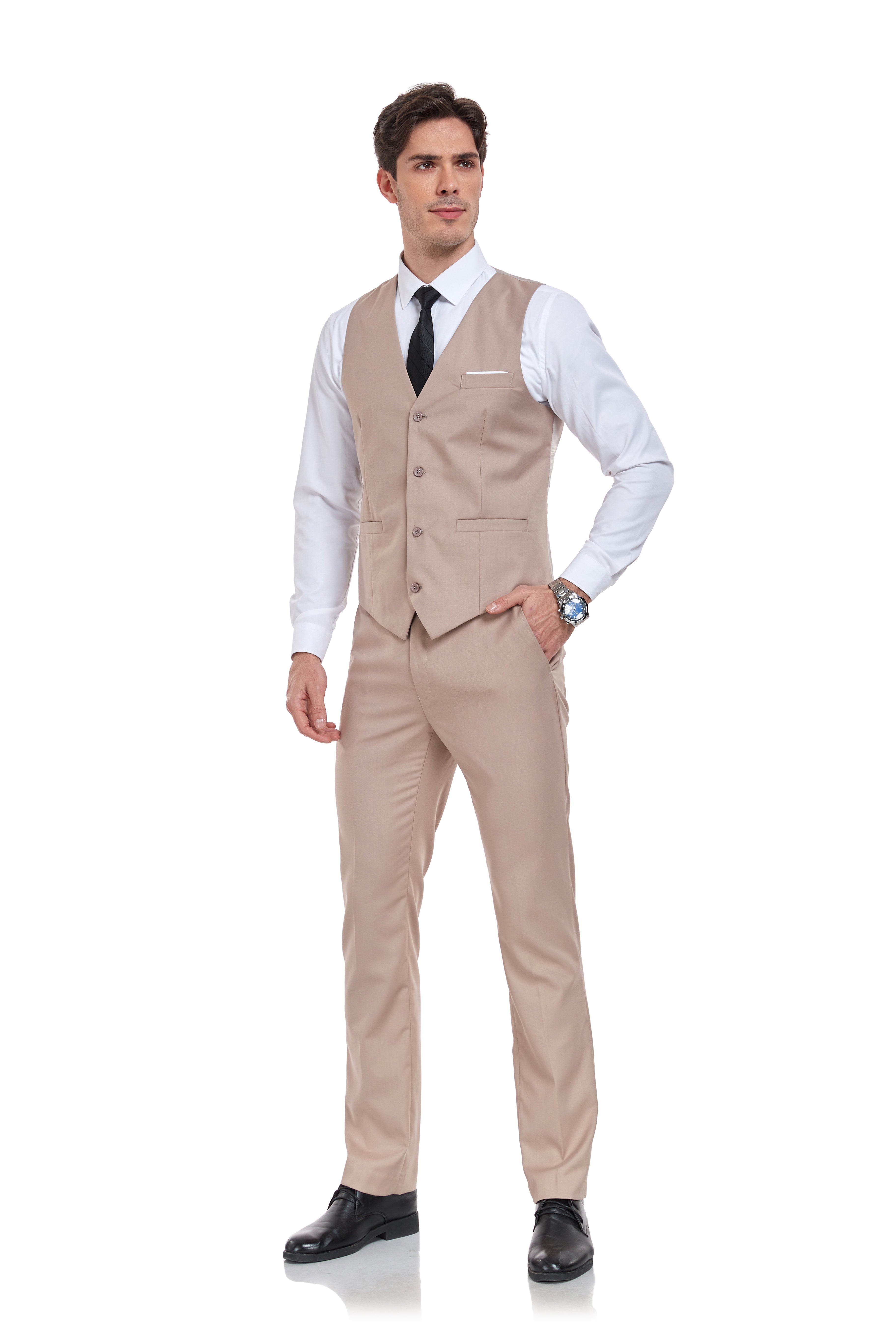 Formal sleeveless champagne suit for men – sharp vest with tailored pants and polished shoes