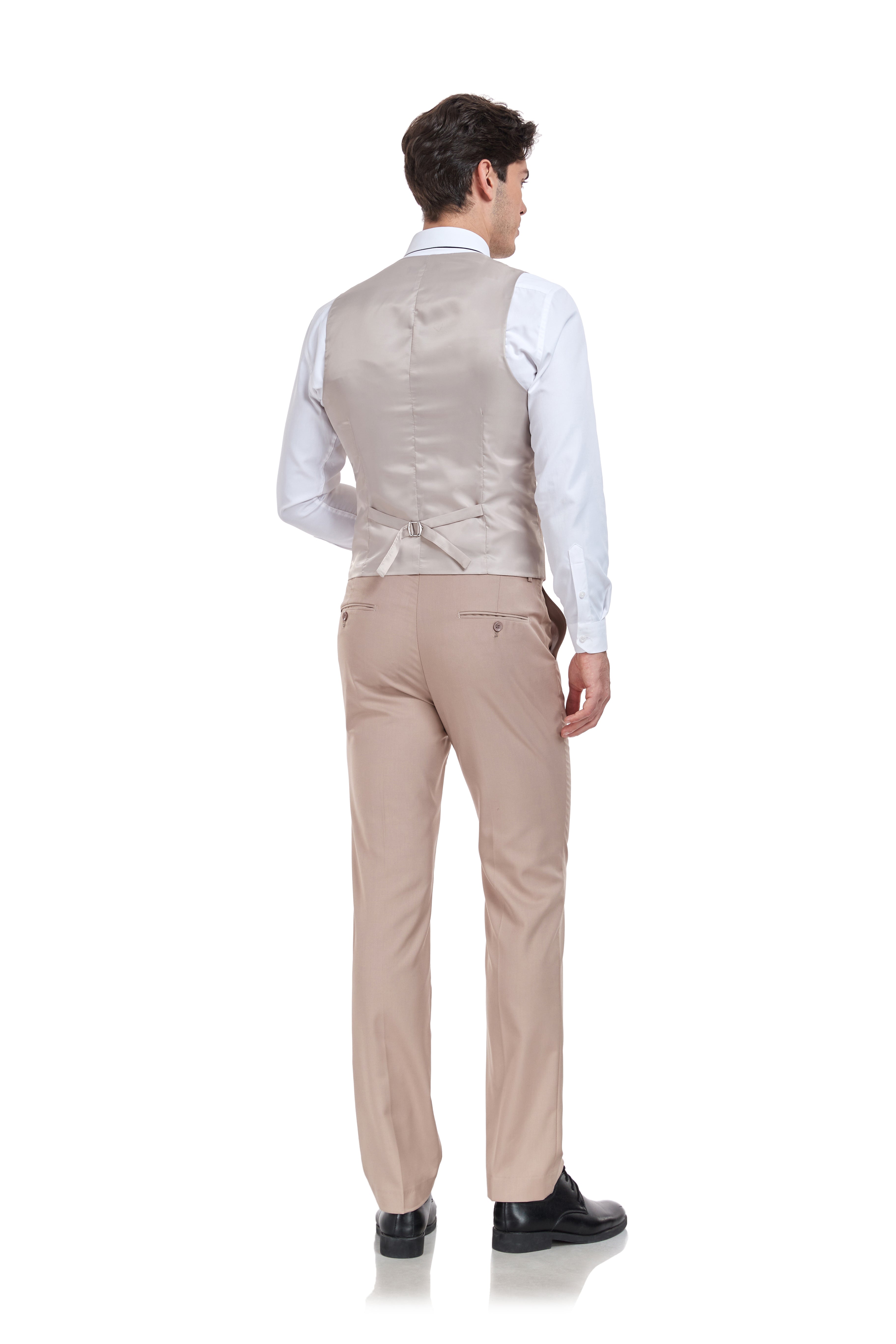 Back view of men’s champagne vest suit – satin-finished vest with adjustable strap and slim pants