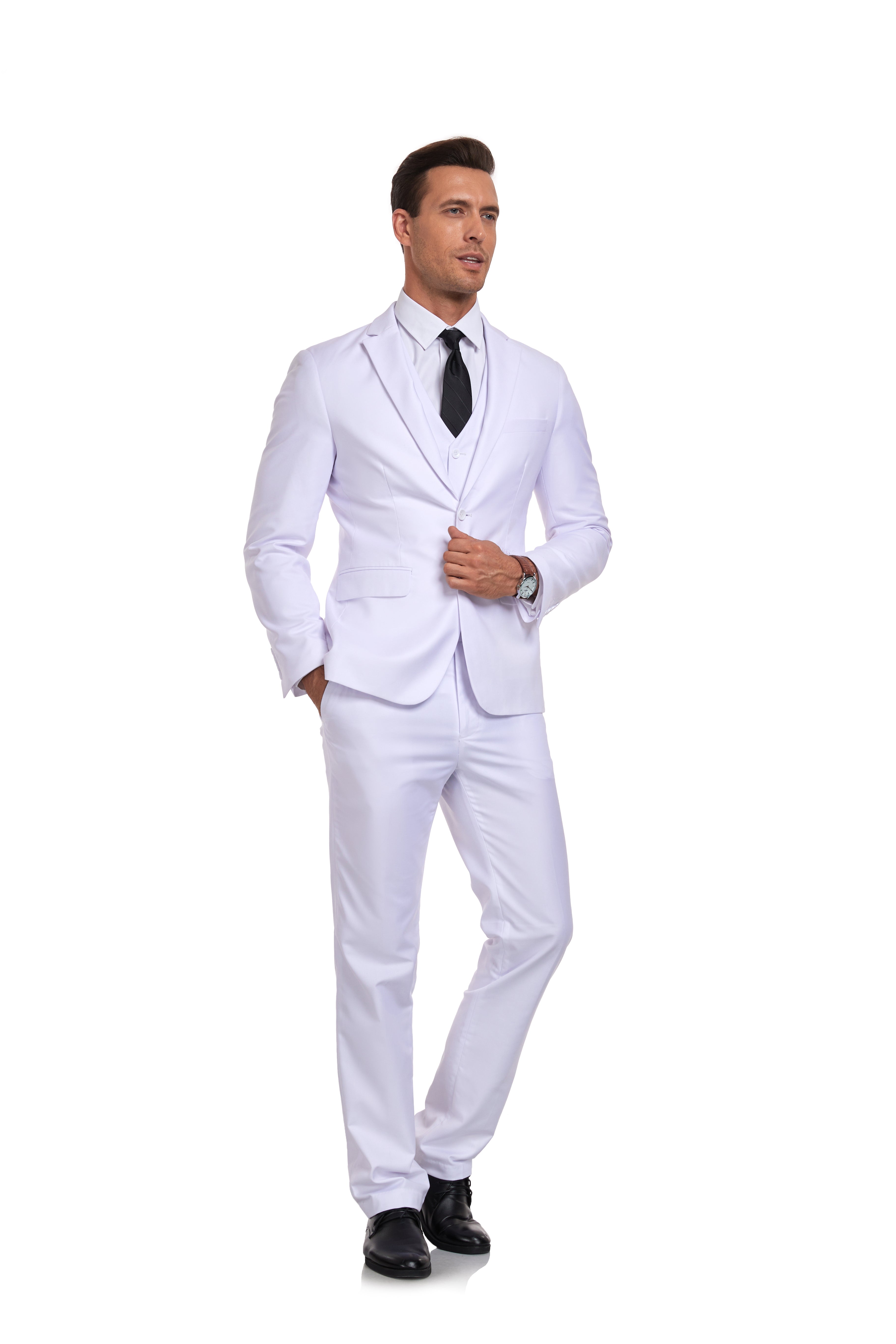 White three-piece formalwear for men featuring vest and tailored pants
