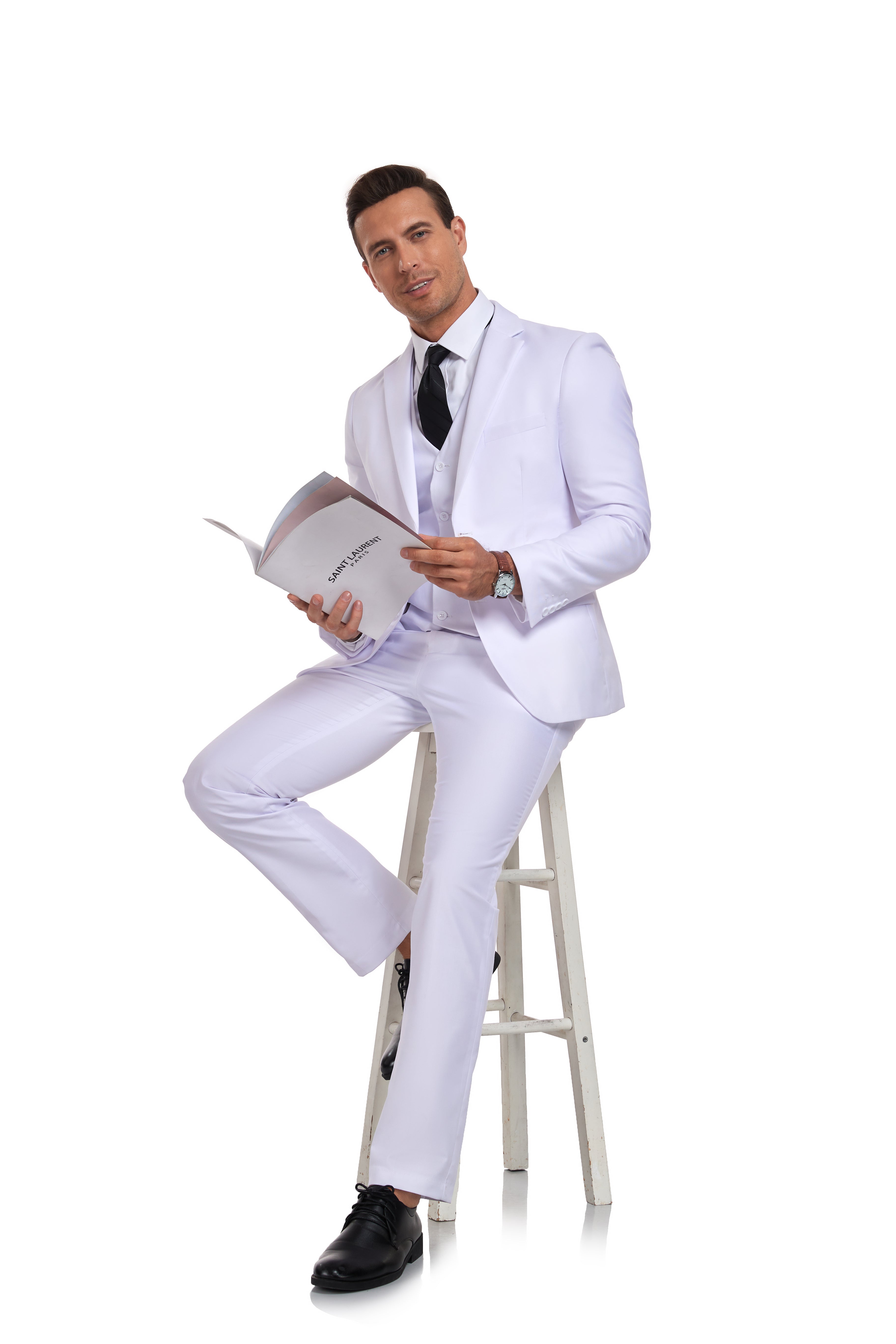 White 3 piece formal suit for men with slim fit jacket and vest