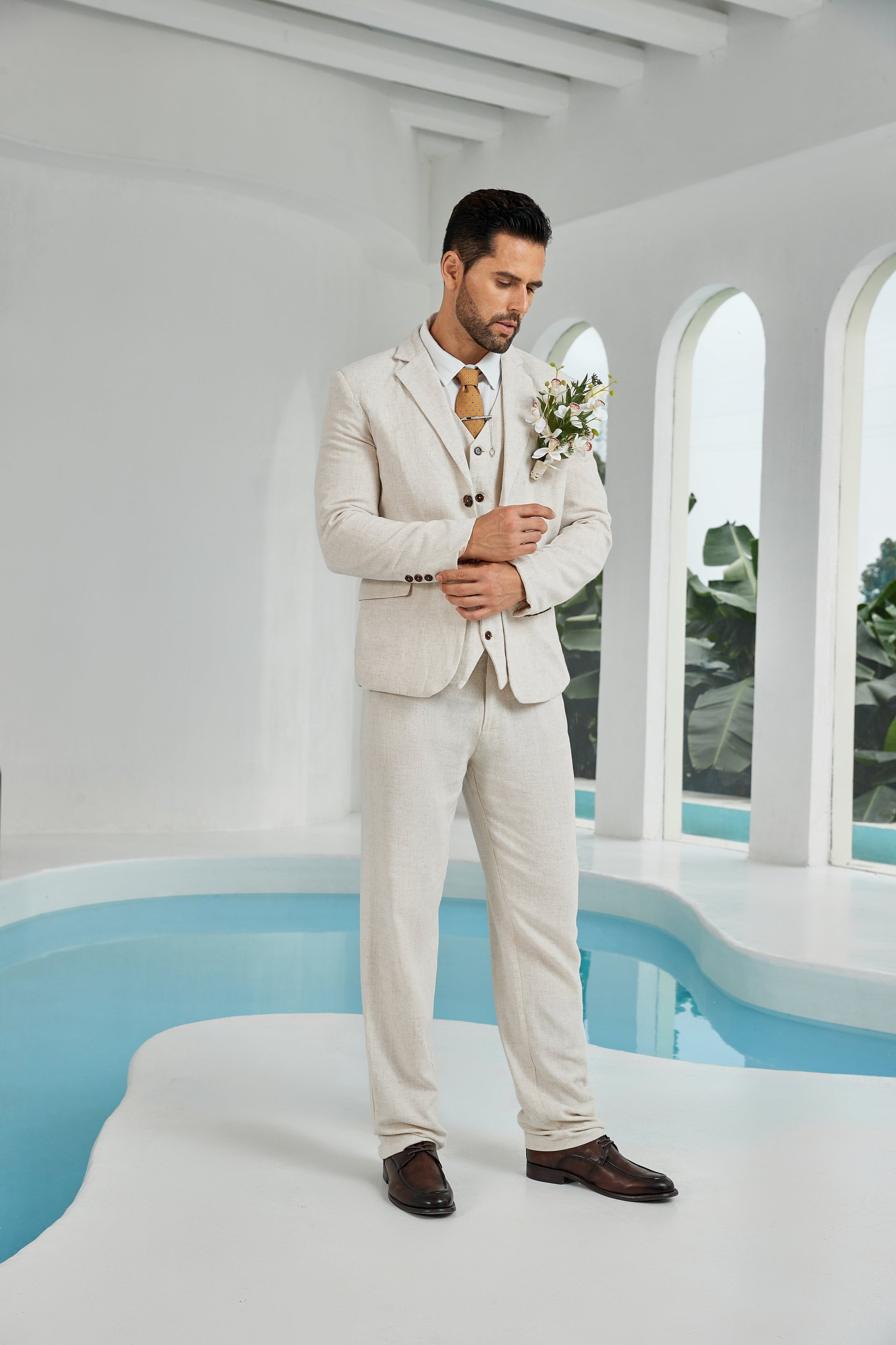 Beige Linen Beach Wedding Men Summer Suits (MORE CHOICE+)🔥