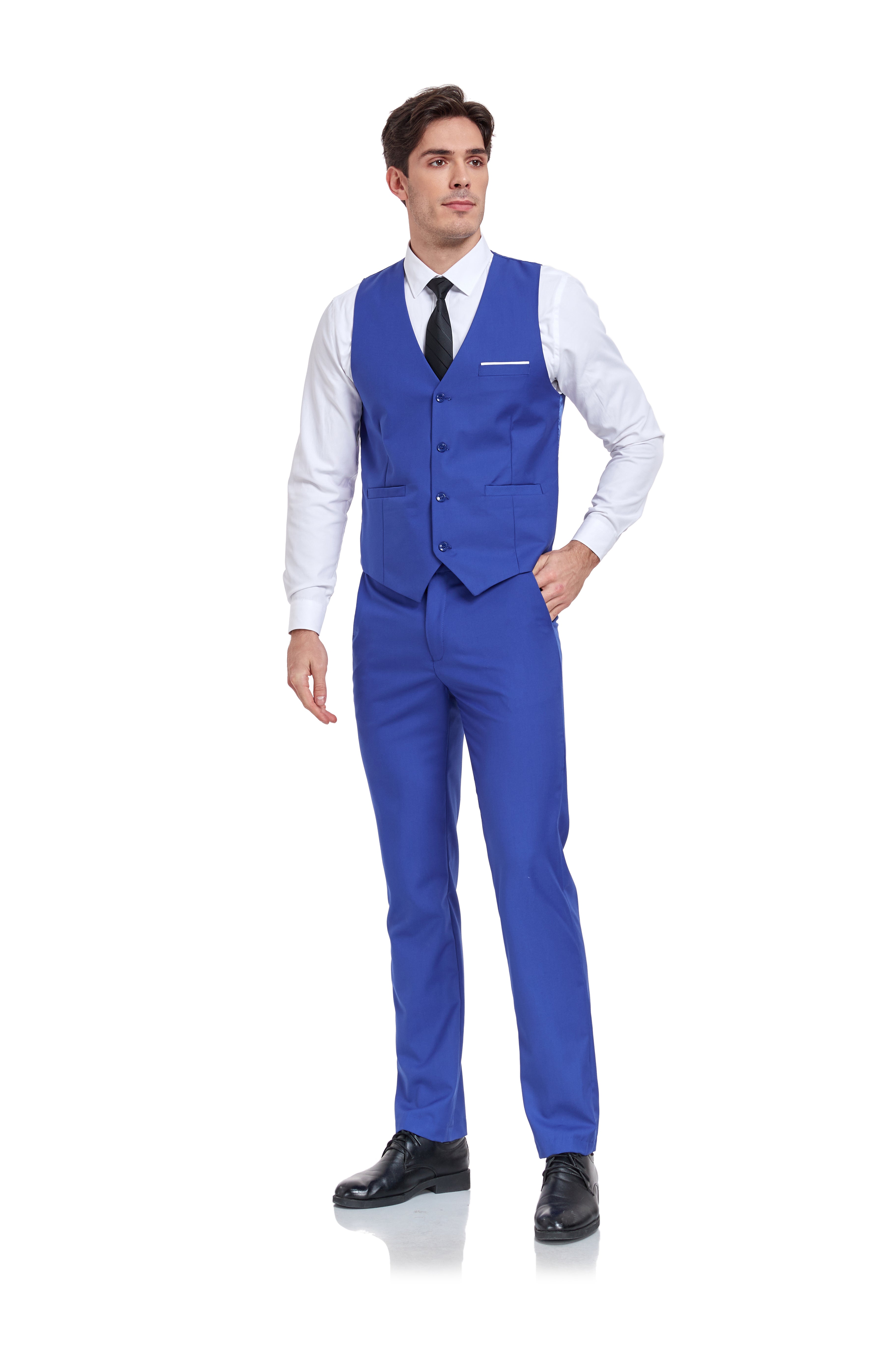 Stylish Royal Blue 2-piece suit with flat-front trousers and sharp V-cut vest – groom or business look