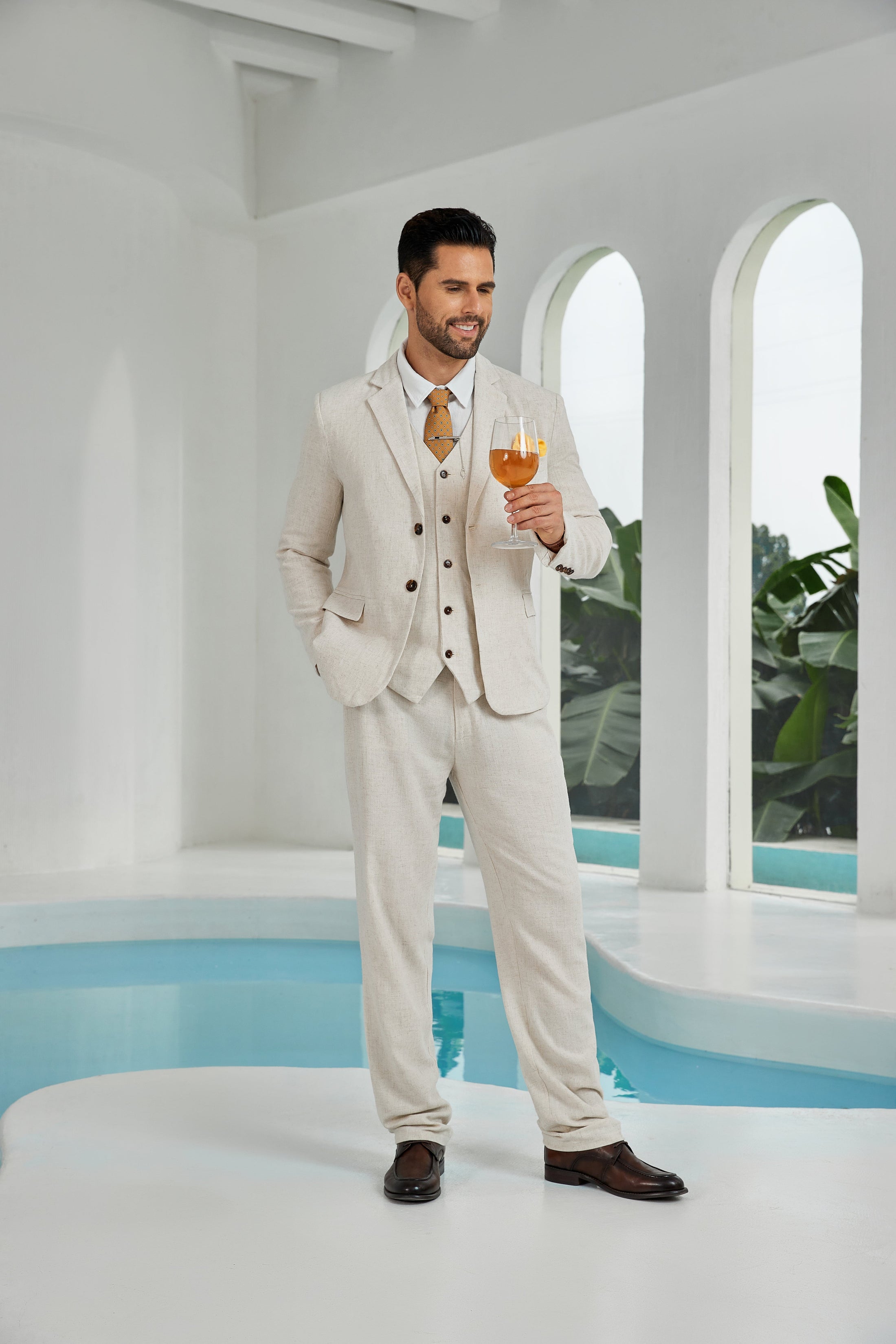 Beige Linen Beach Wedding Men Summer Suits (MORE CHOICE+)🔥