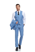 Load image into Gallery viewer, Light Blue Plaid Men's 3 Piece Slim Fit Suit Set
