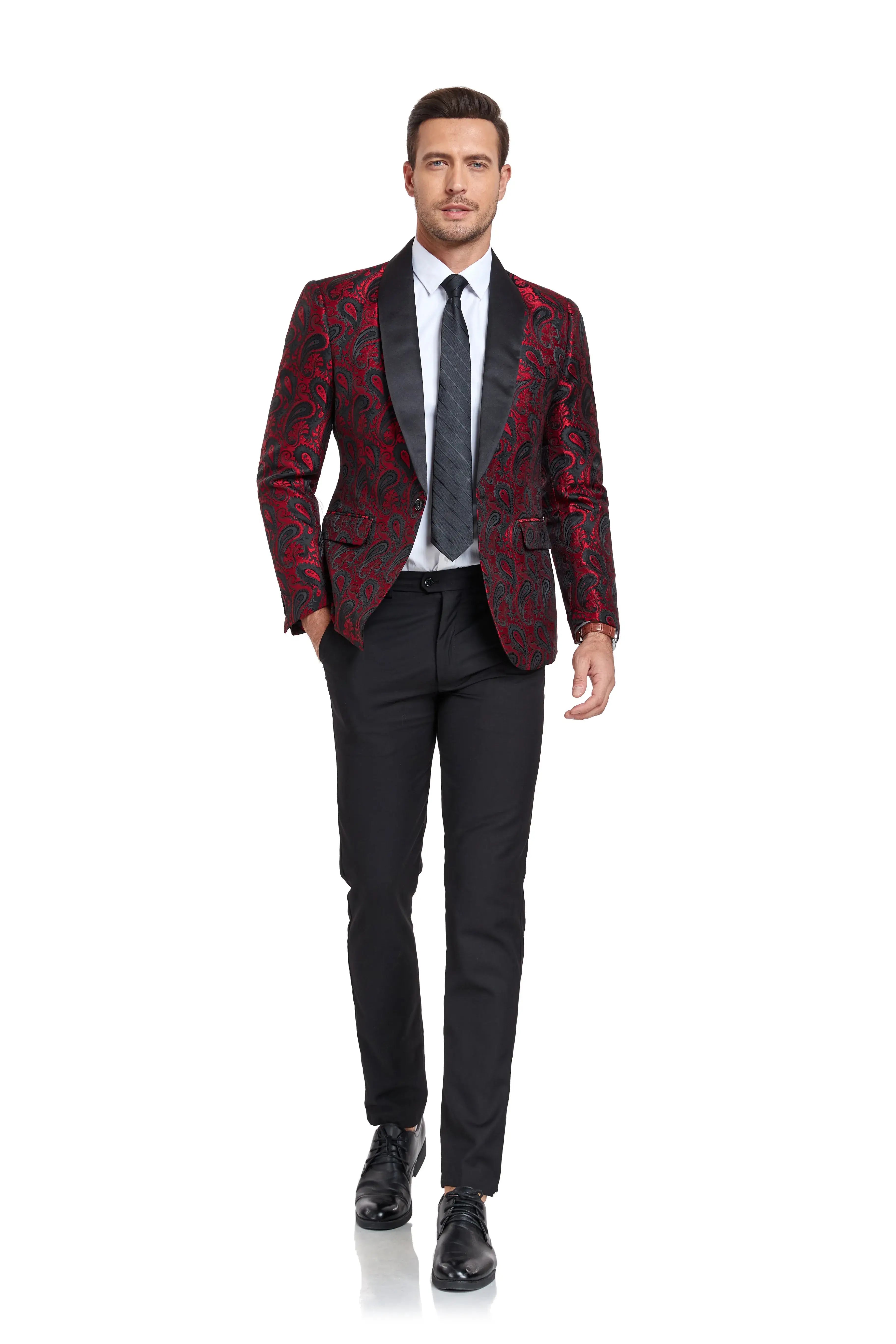 Male model wearing burgundy paisley prom blazer with black pants – front walking pose
