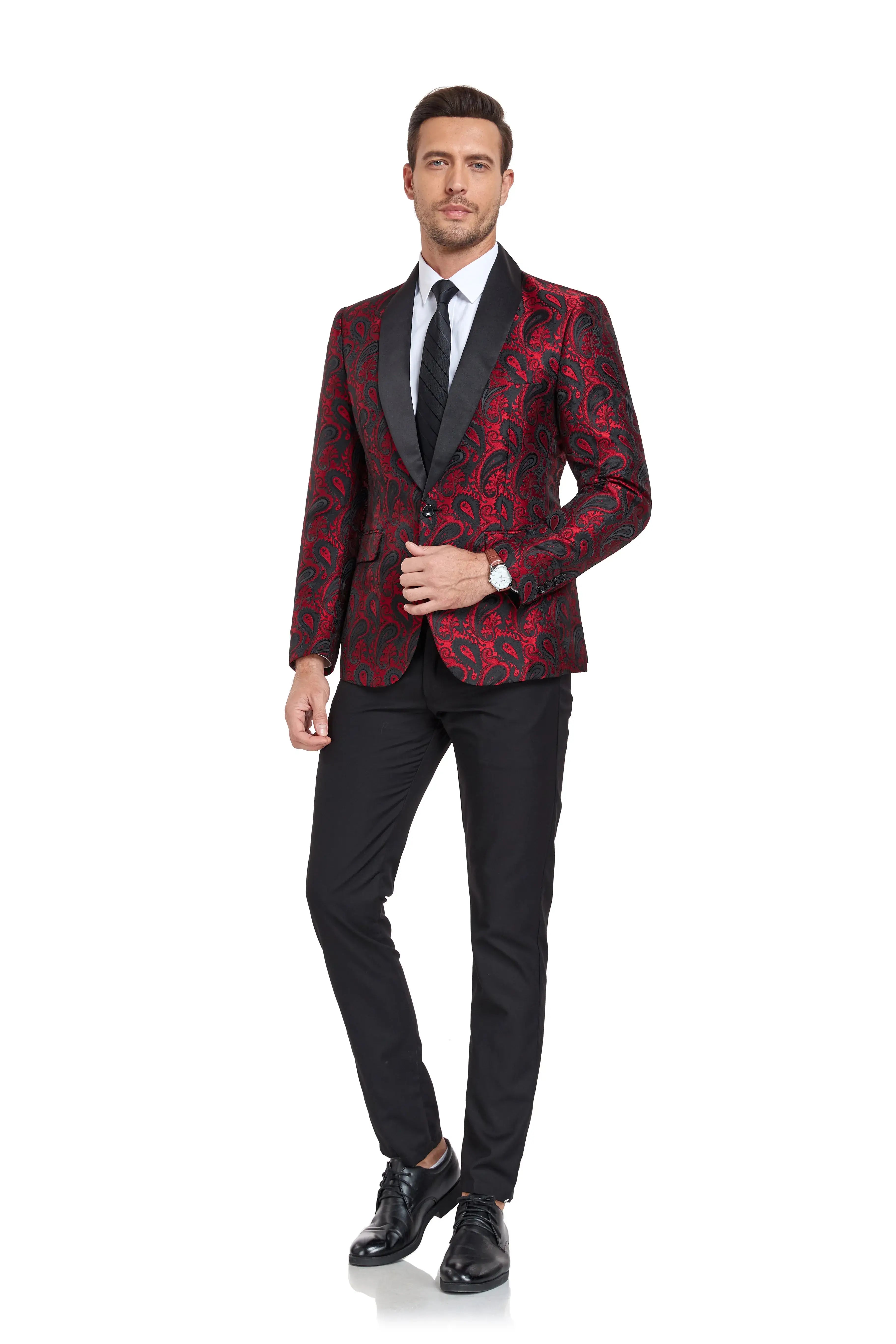 Elegant front angle of burgundy paisley men's blazer styled with black tie – party look