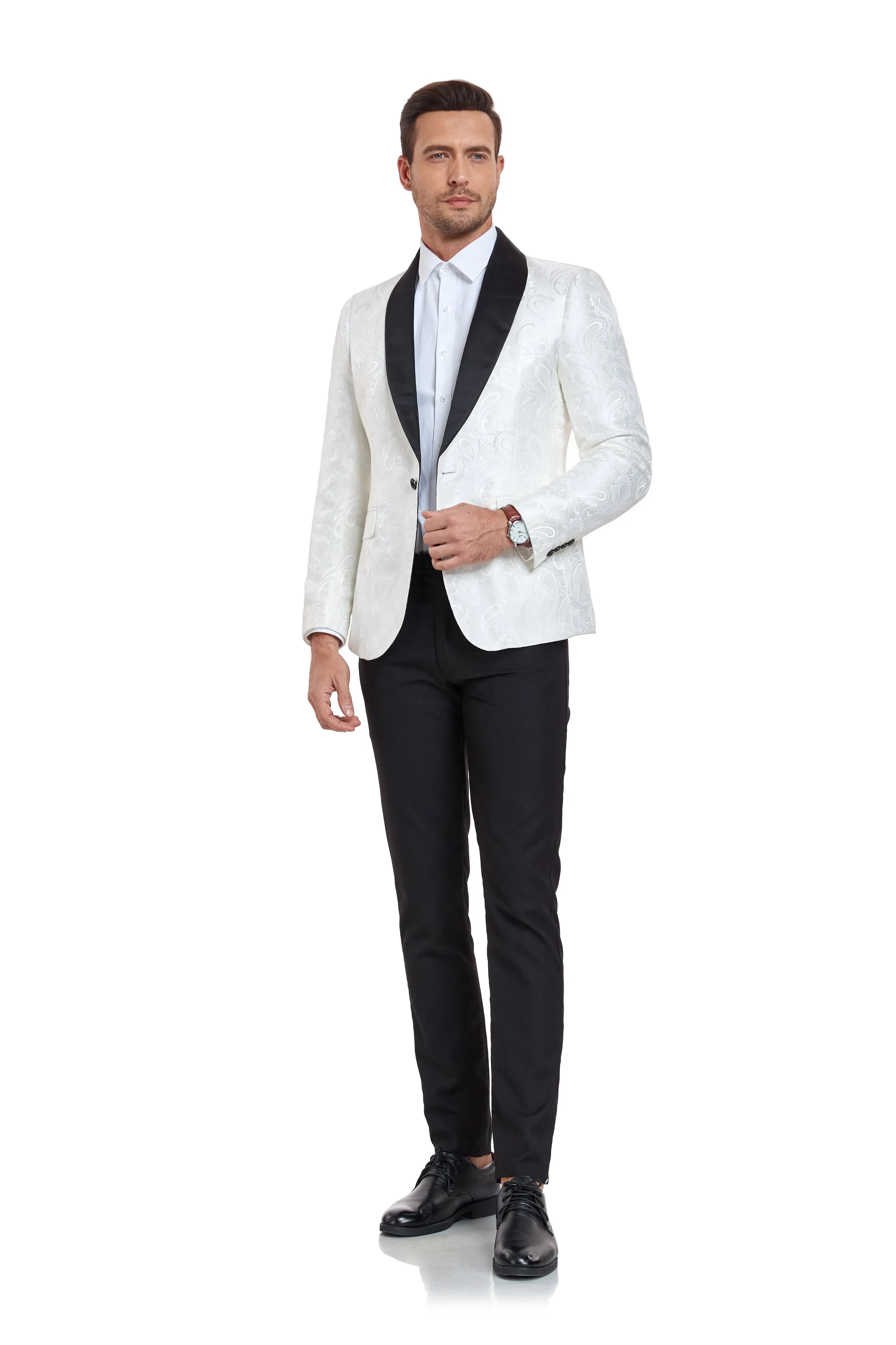 White paisley blazer with black satin lapels worn by a model in a formal pose