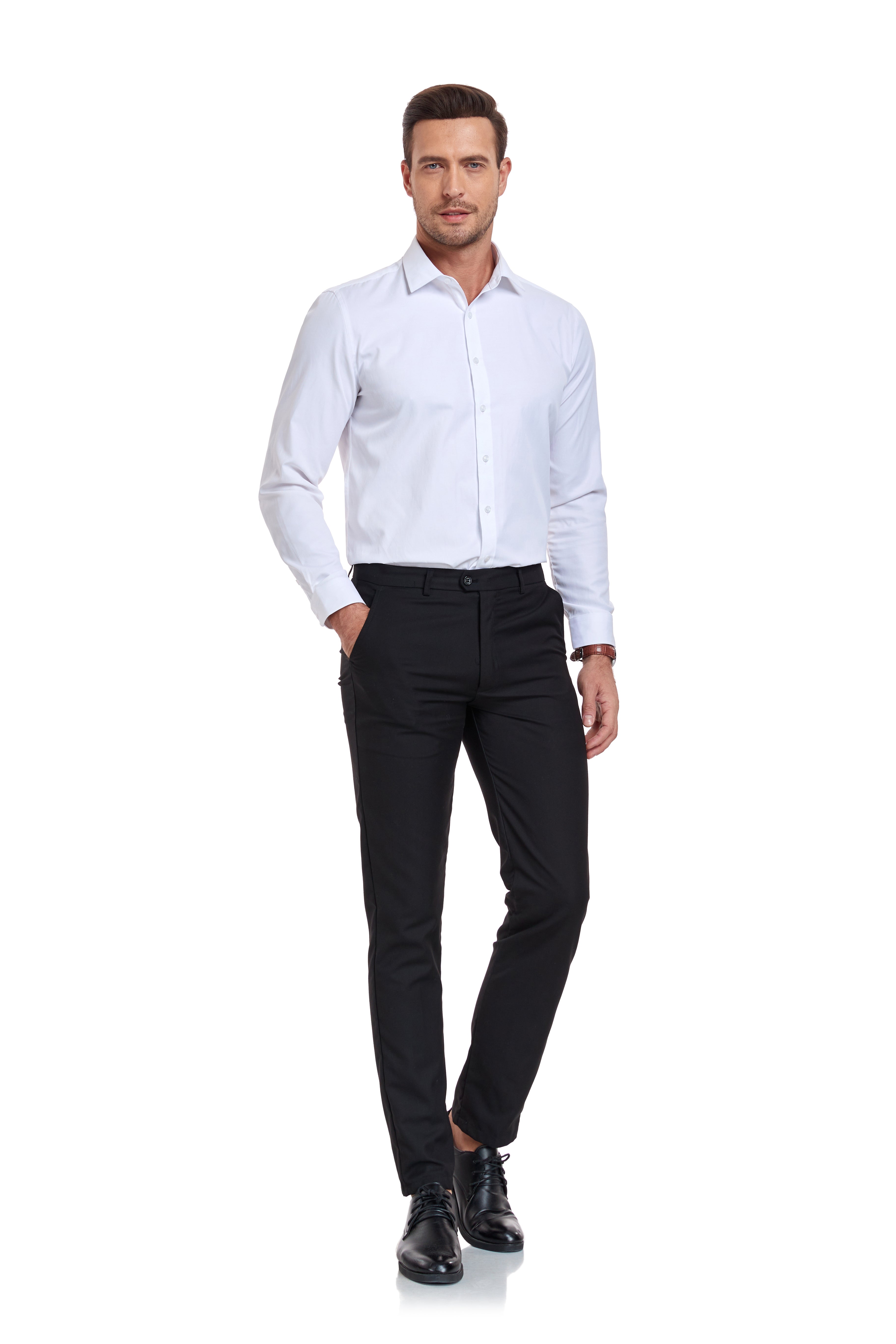 White slim fit men’s dress shirt with long sleeves – smart casual business style front view