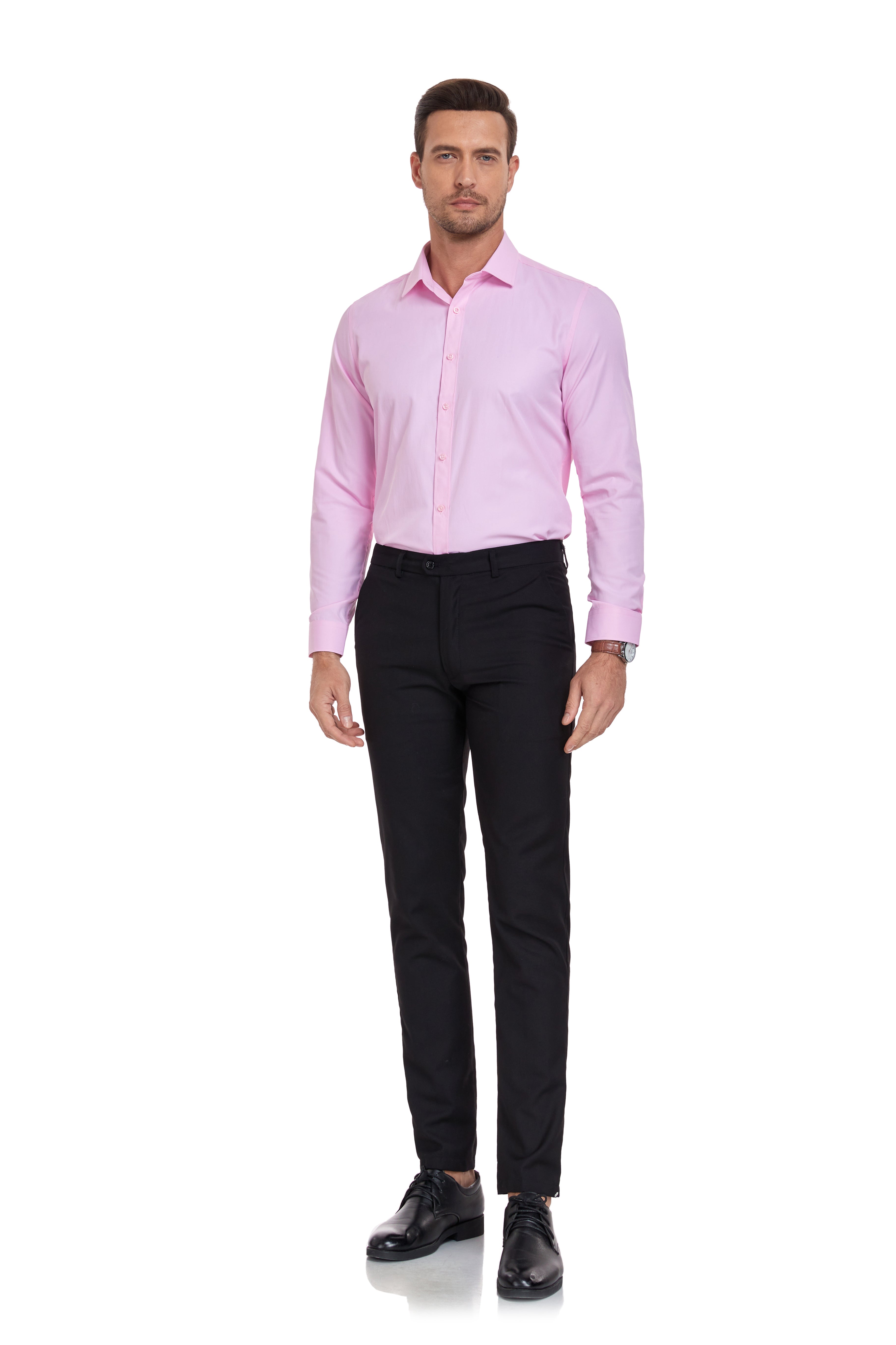 Front view of pink button-up shirt – tailored style for work or semi-formal occasions