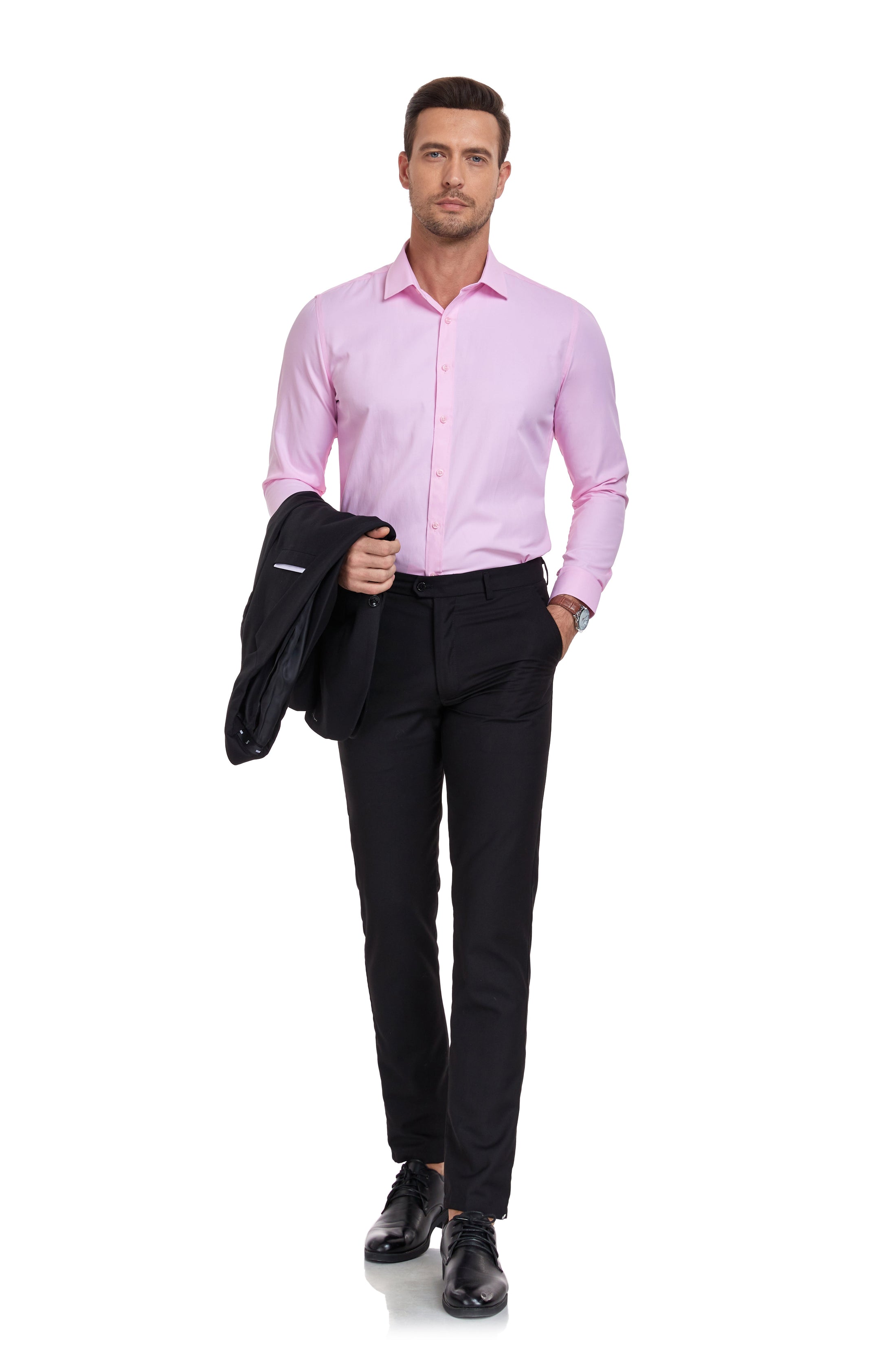 Pink Men's Urban Stylish Casual Business Slim Fit Long Sleeve Button Up Dress Shirt