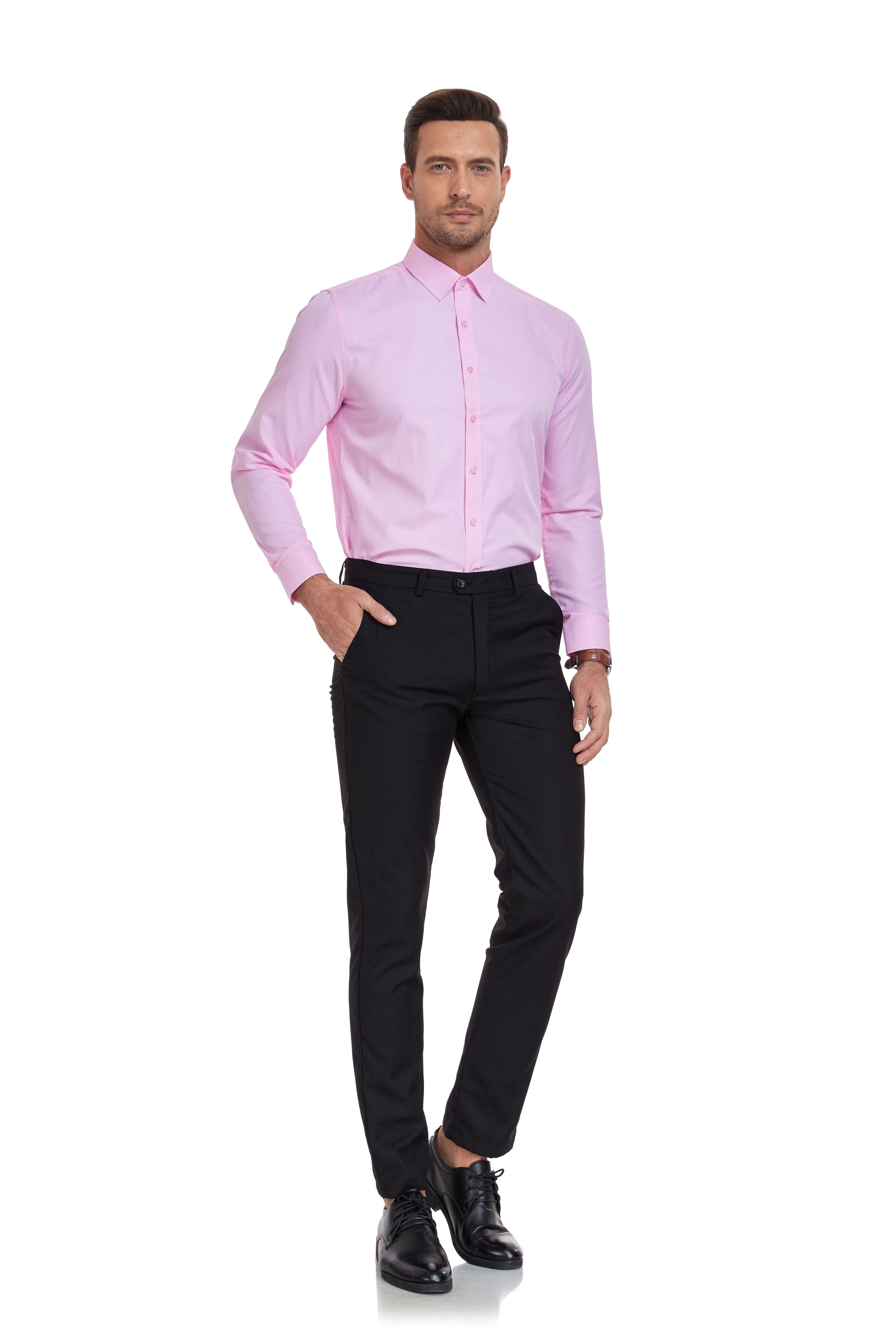 Pink Men's Urban Stylish Casual Business Slim Fit Long Sleeve Button Up Dress Shirt