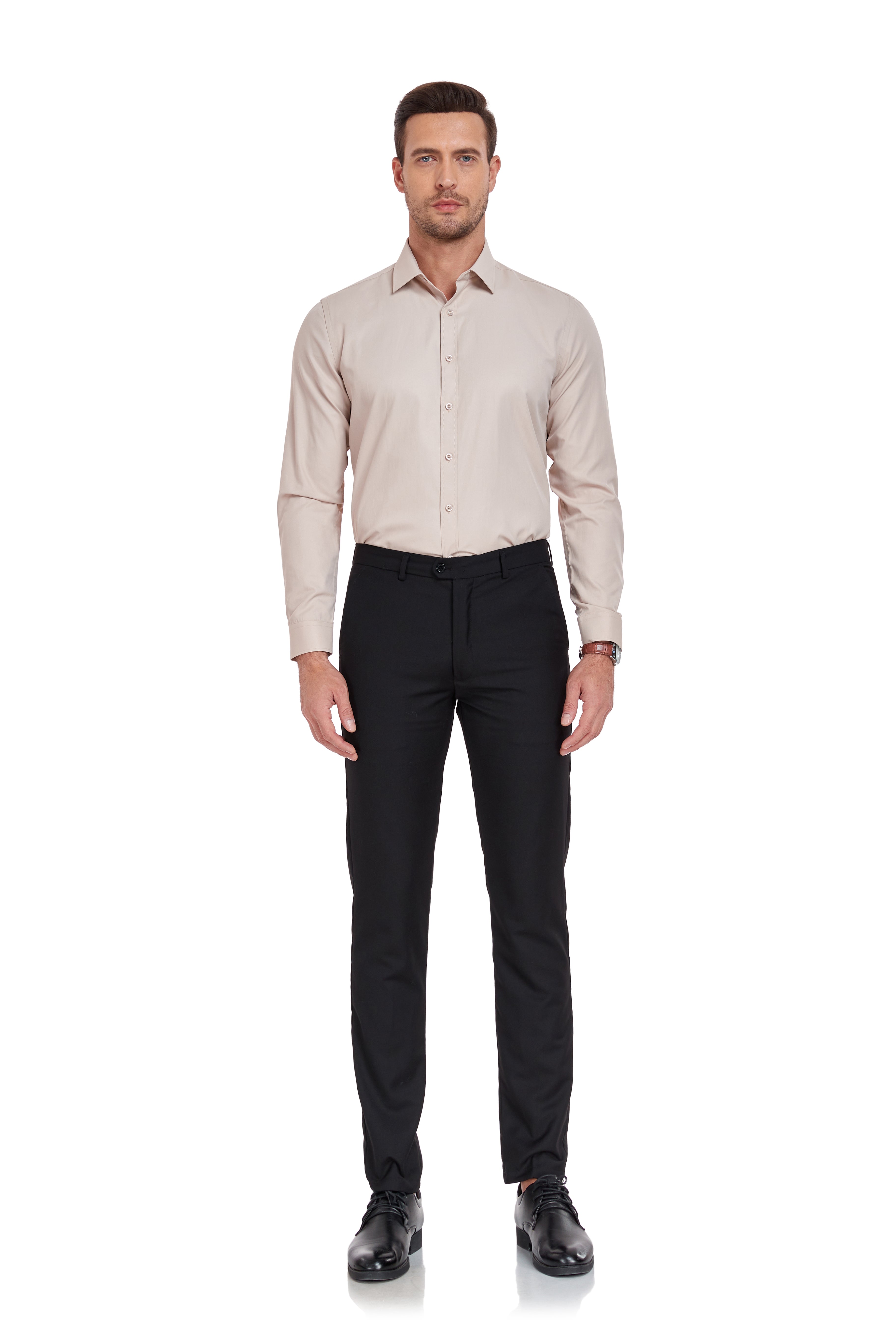 Walking pose in champagne shirt – lightweight slim fit design for dressy occasions