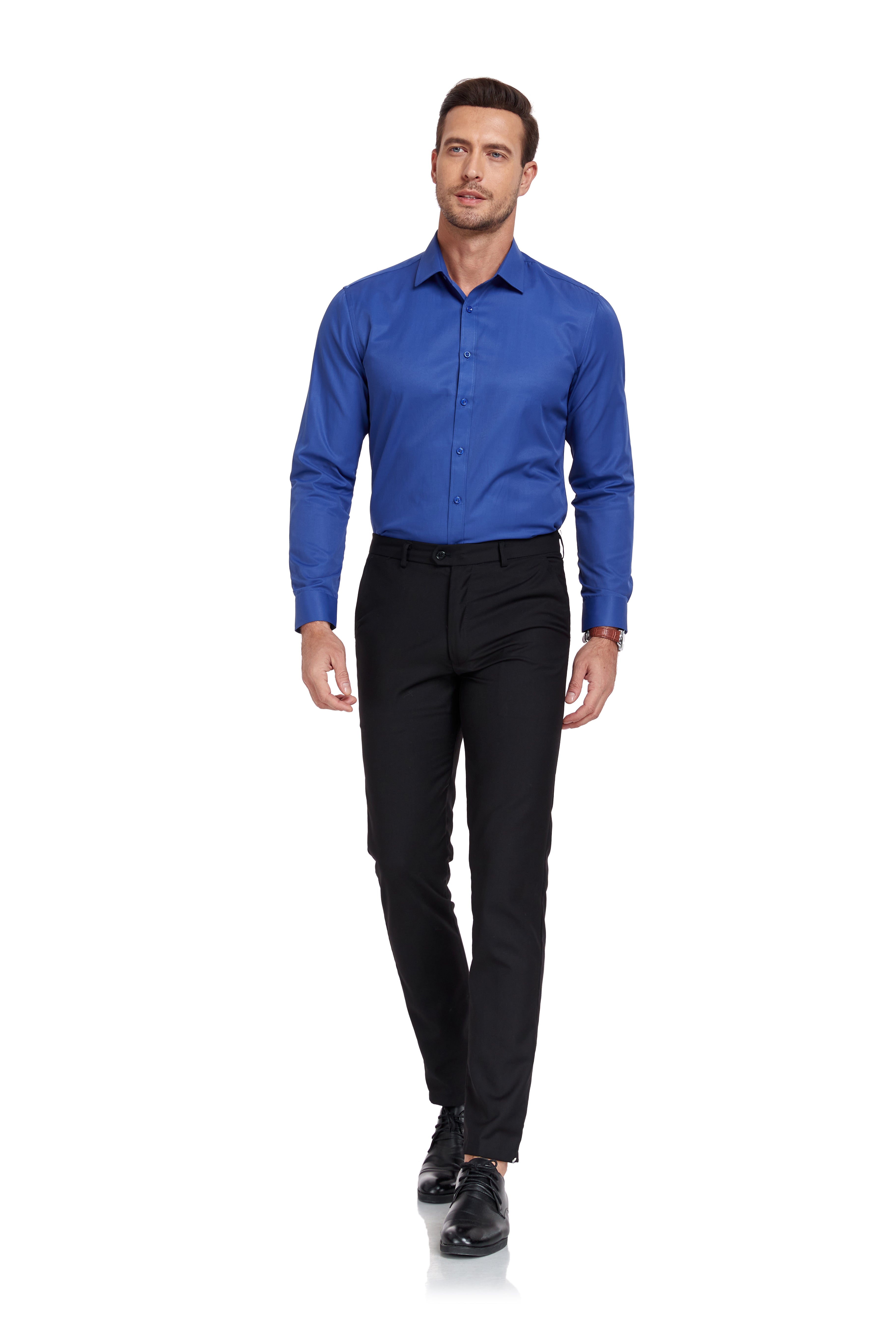 Walking pose in modern blue button-up shirt – slim fit tailored for office or parties