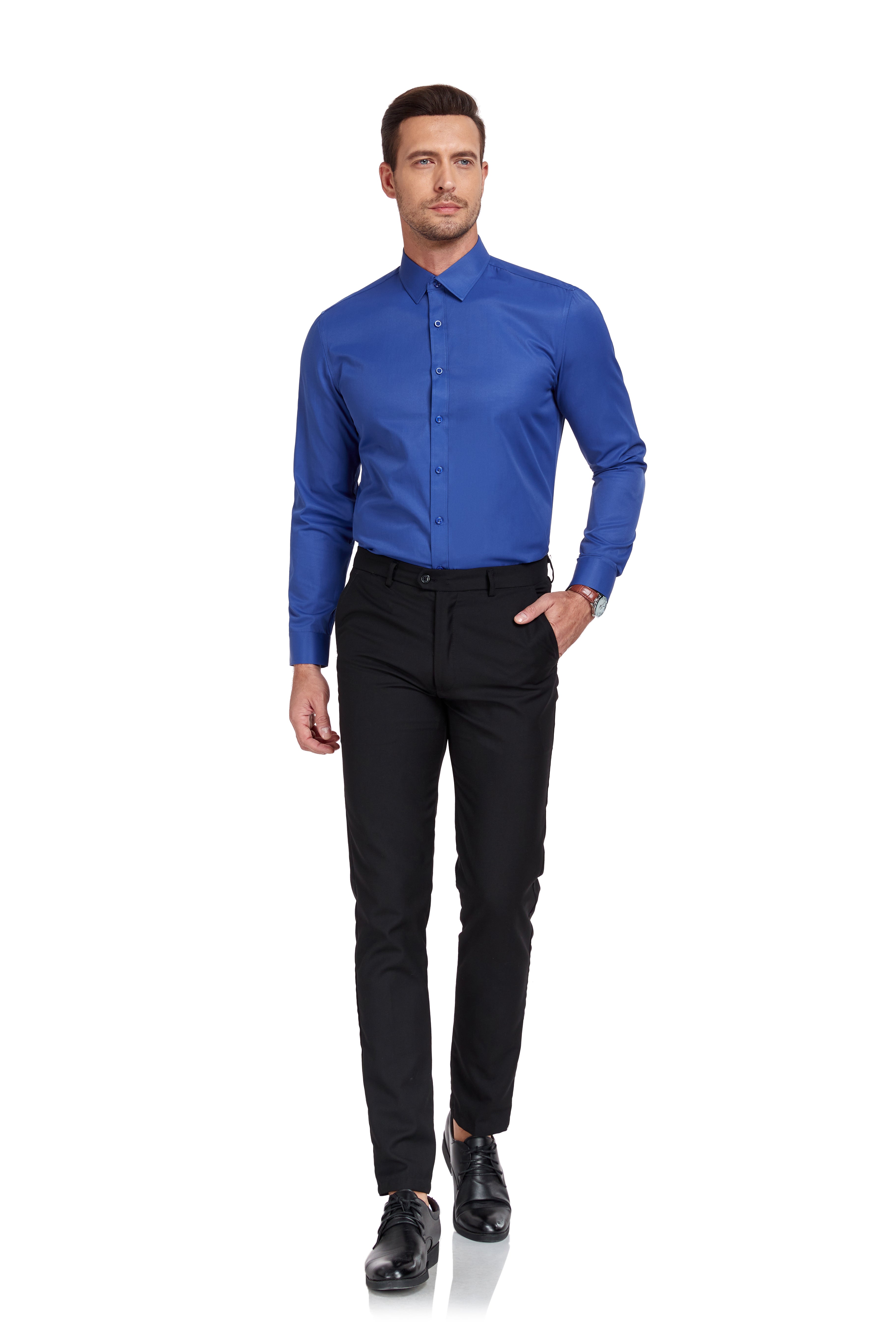 Blue slim fit men’s dress shirt with long sleeves – professional business casual style
