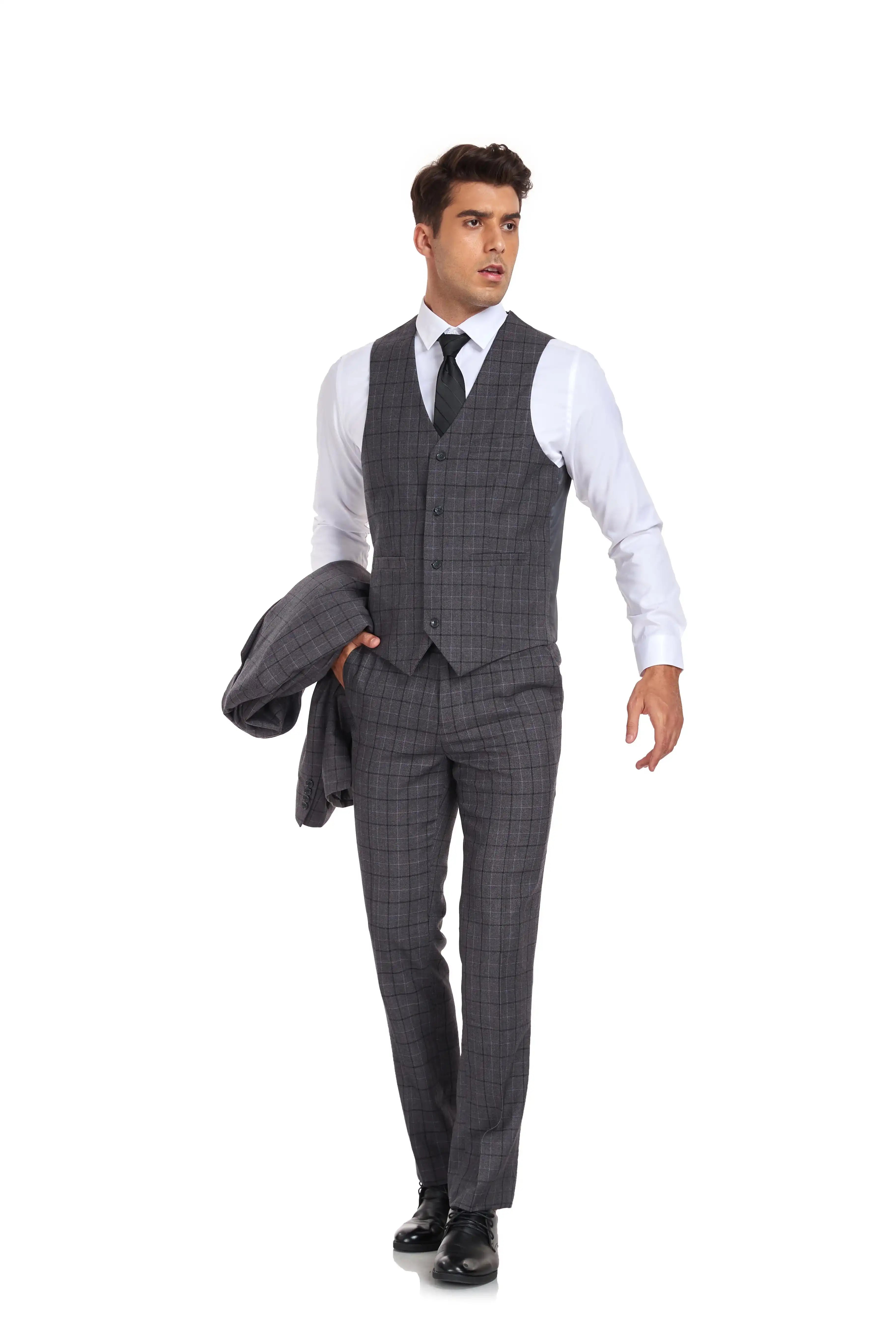 Men’s gray plaid 3 piece suit – holding jacket, formal vest look