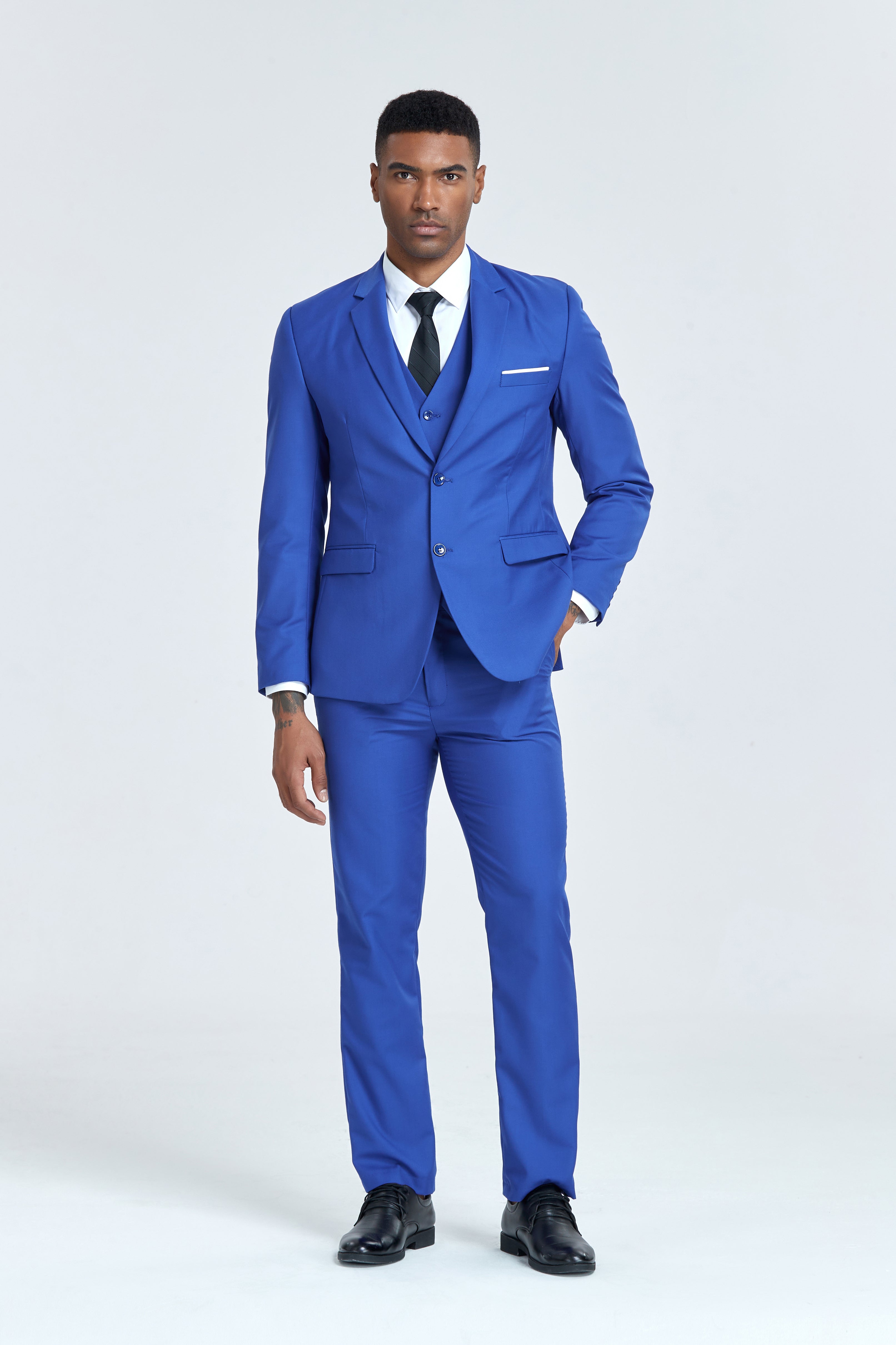 Men's royal blue 3 piece slim fit suit with black tie and white shirt