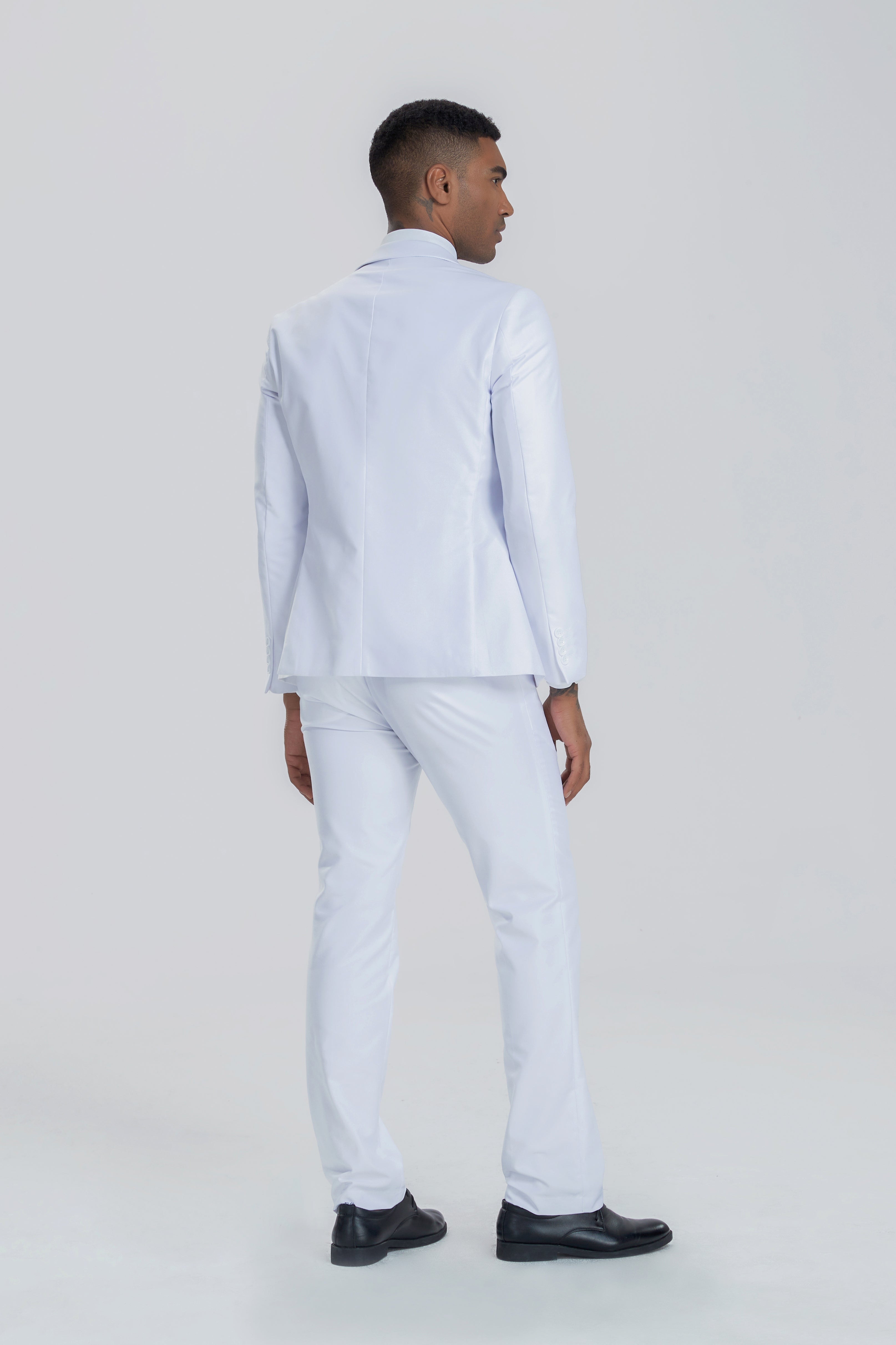 White men’s banquet suit shown from the back – modern slim fit tailoring
