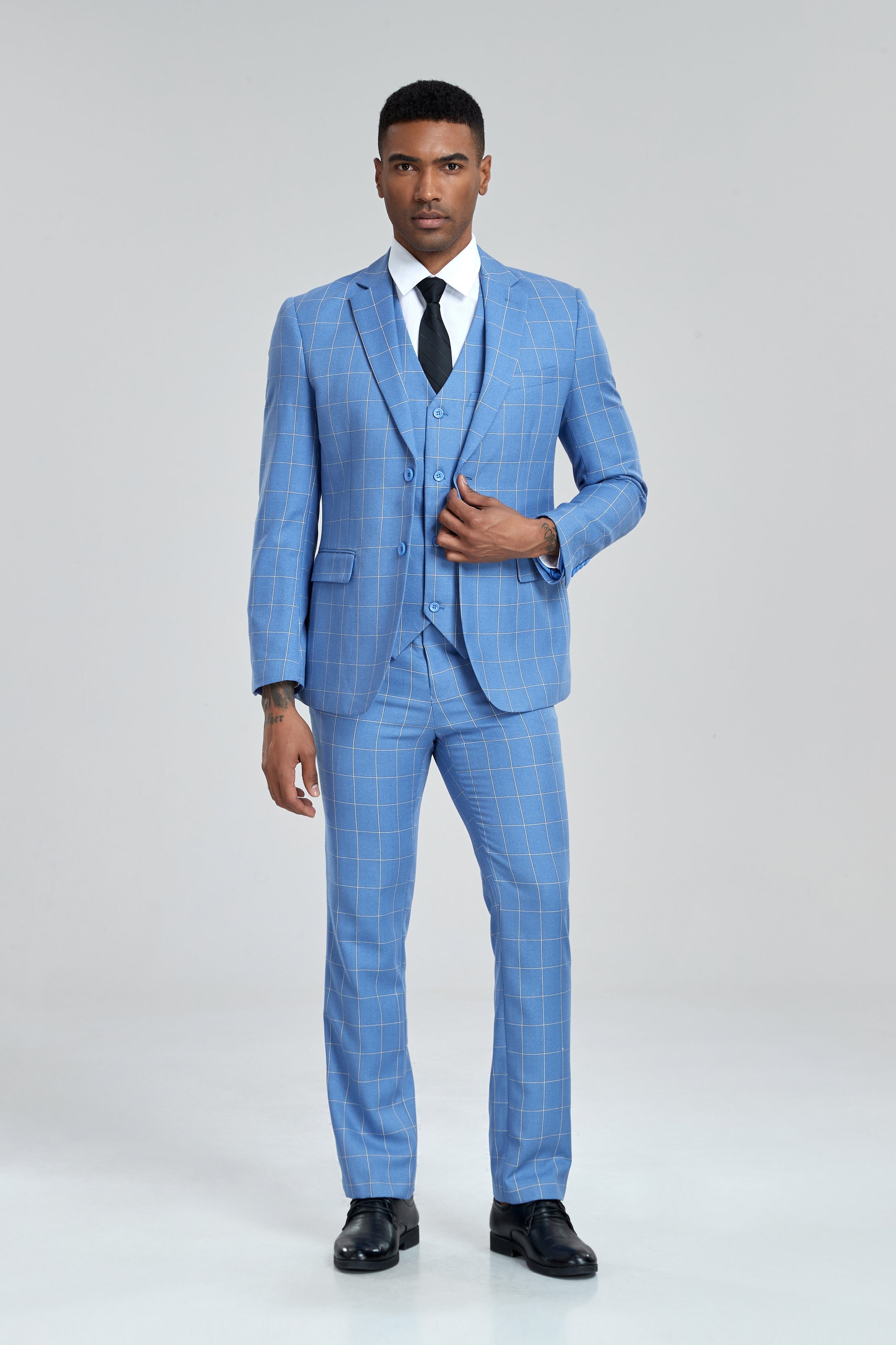 Grey Navy Light Blue Plaid Men's 3 Piece Suits