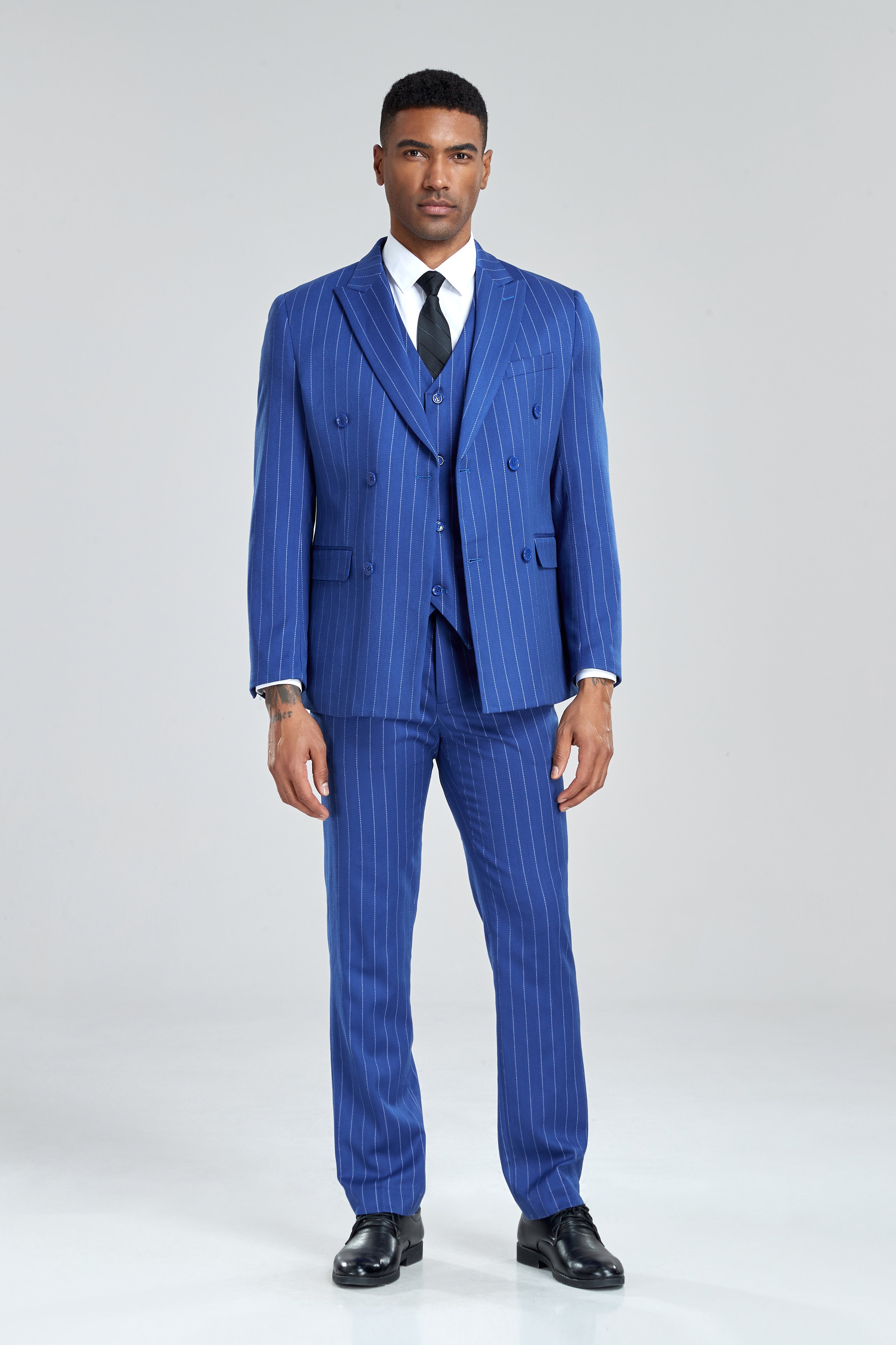 Royal blue chalk stripe men's suit with double breasted classic design