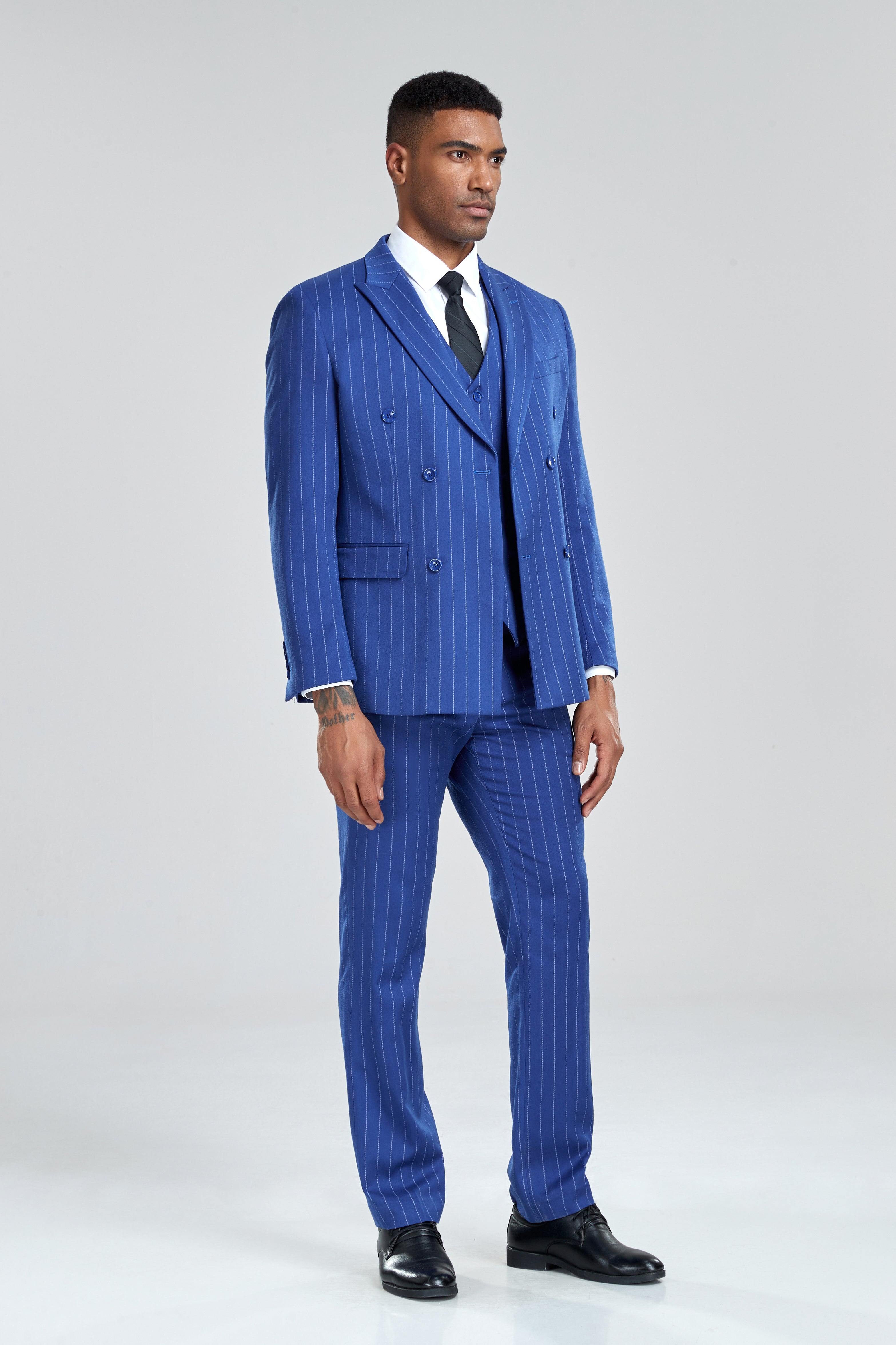 Classic tailored striped royal blue suit for men with formal elegance