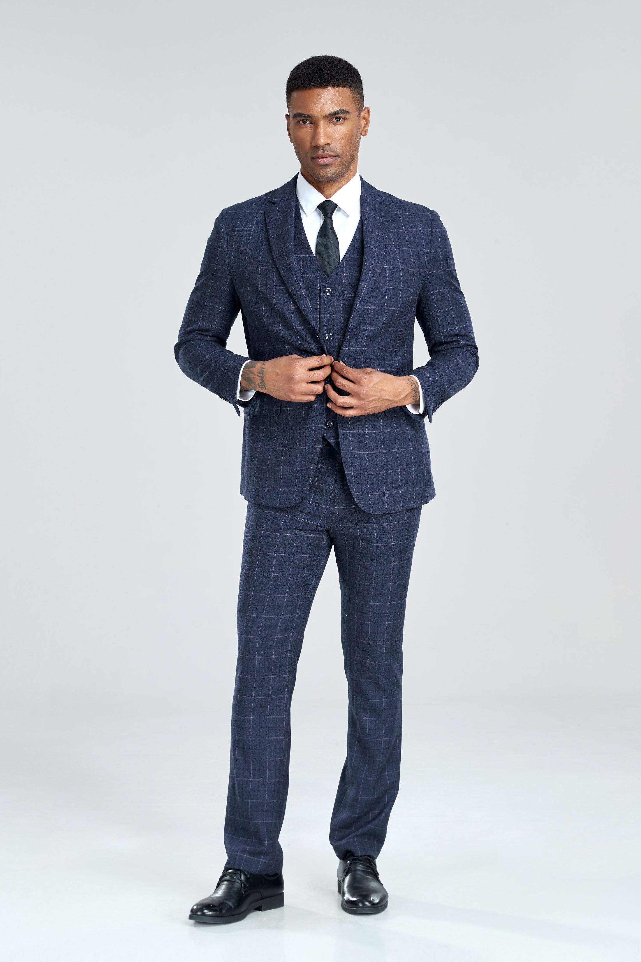 Grey Navy Light Blue Plaid Men's 3 Piece Suits