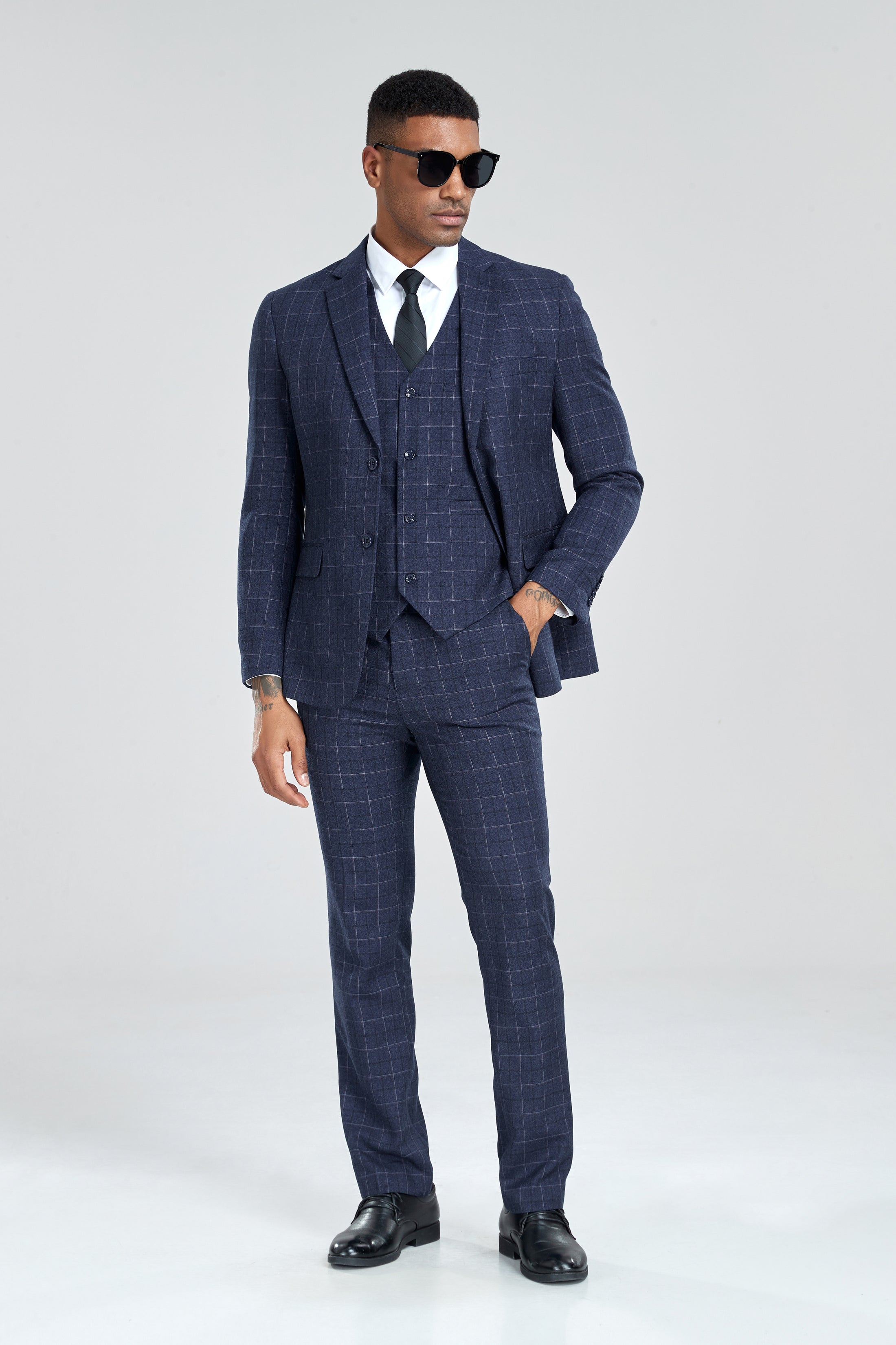 Grey Navy Light Blue Plaid Men's 3 Piece Suits