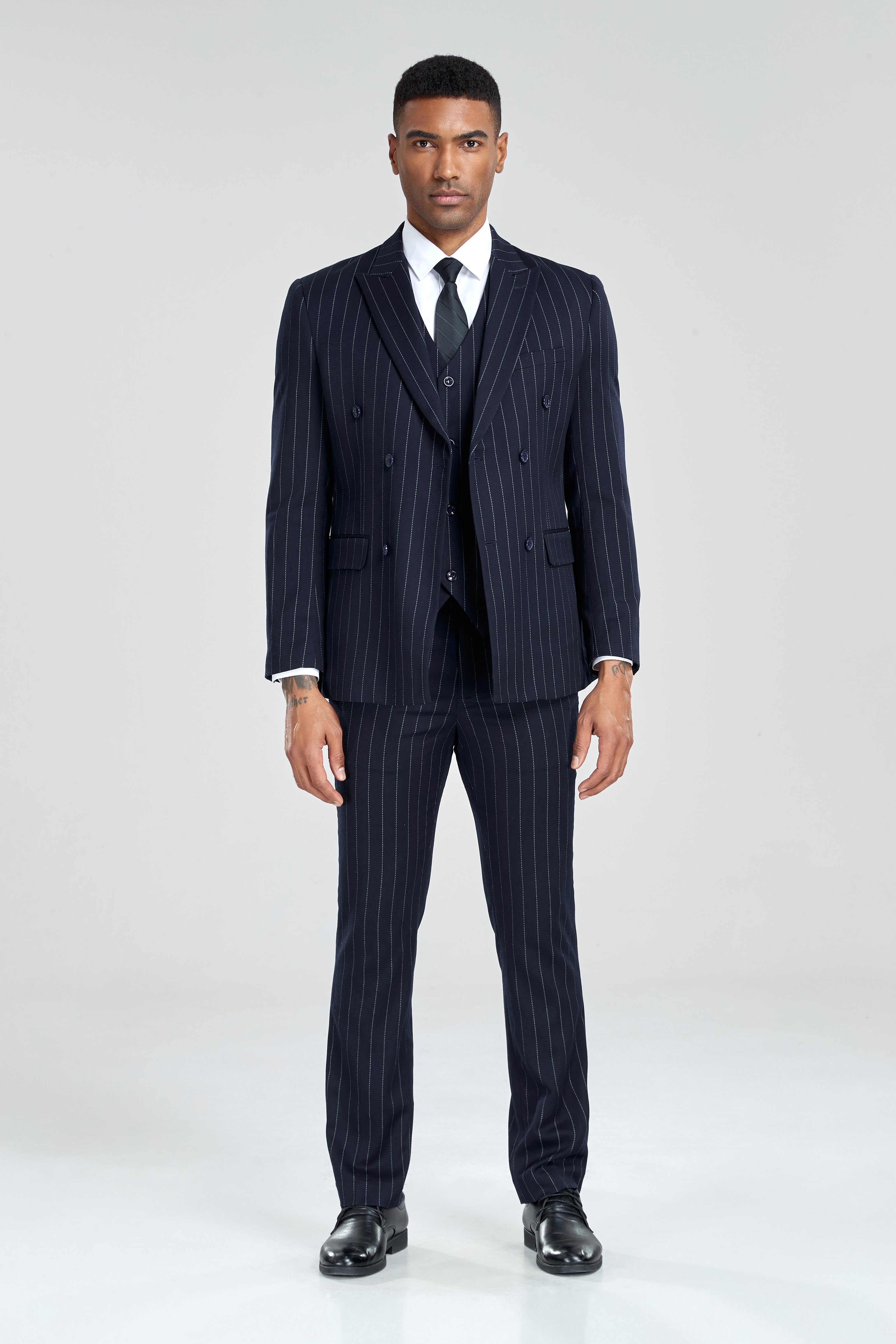 Navy chalk stripe men's 3 piece suit with vintage wide pinstripes and double-breasted blazer