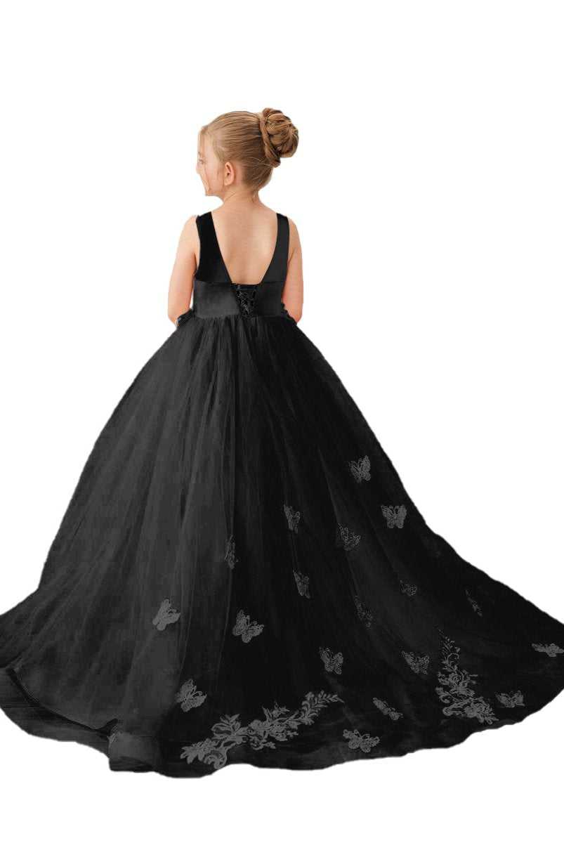 Wehilion applique tulle princess gown with floral details and a stunning back design for girls