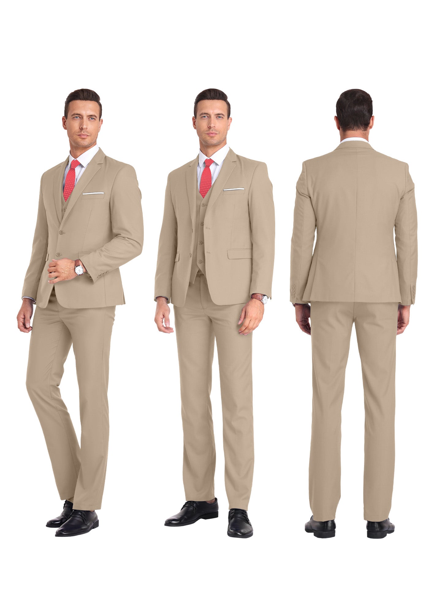 Three-angle view of model in beige suit from front, side, and rear, highlighting tailored fit