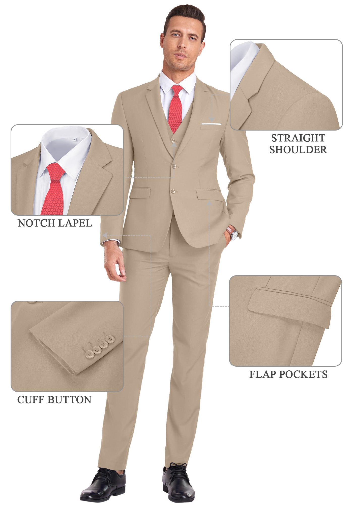 Feature callouts on beige suit showing notch lapel, flap pockets, cuff buttons, and shoulder cut