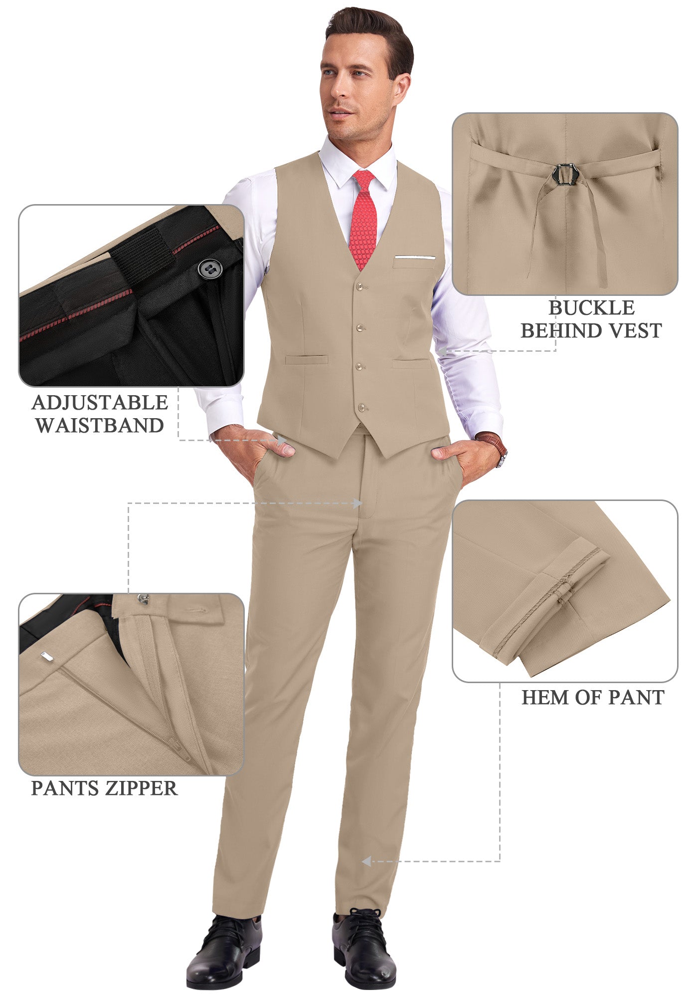 beige vest and pants displayed on model with zoom-in details on waistband, zipper, and vest buckle