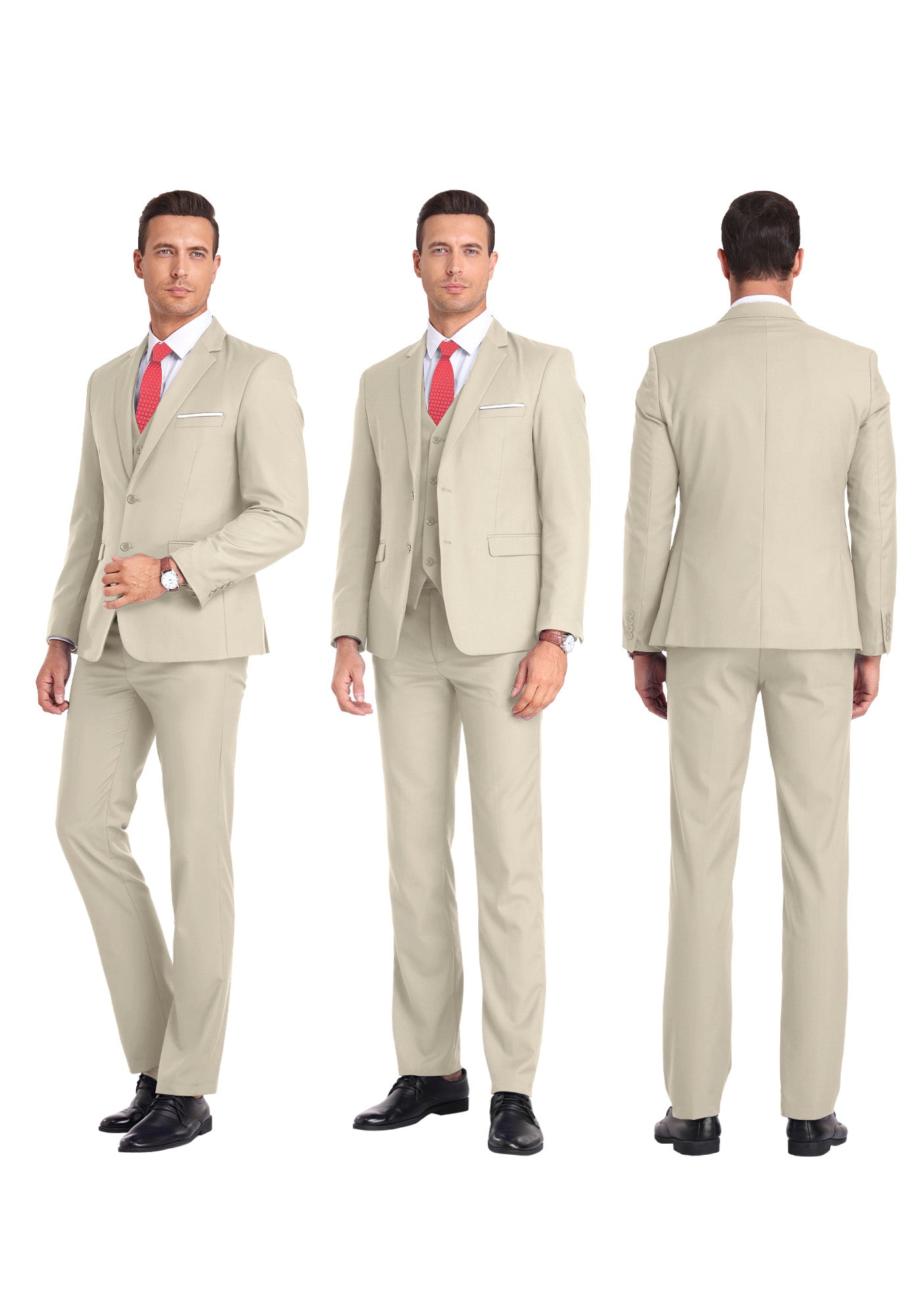 Three-angle view of model in new beige suit from front, side, and rear, highlighting tailored fit